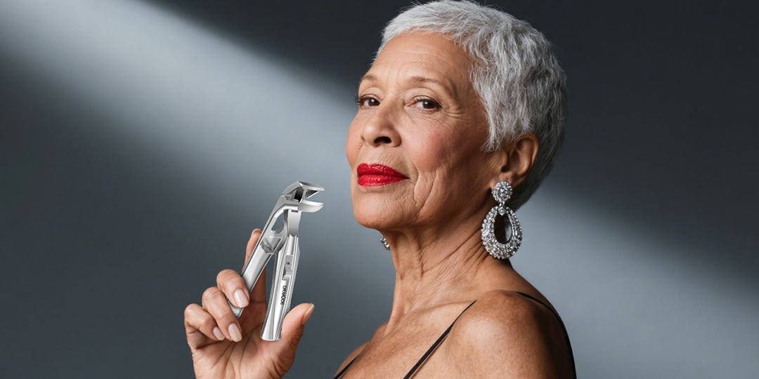 Elegant woman with short gray hair holding silver nail clippers, minimalist background