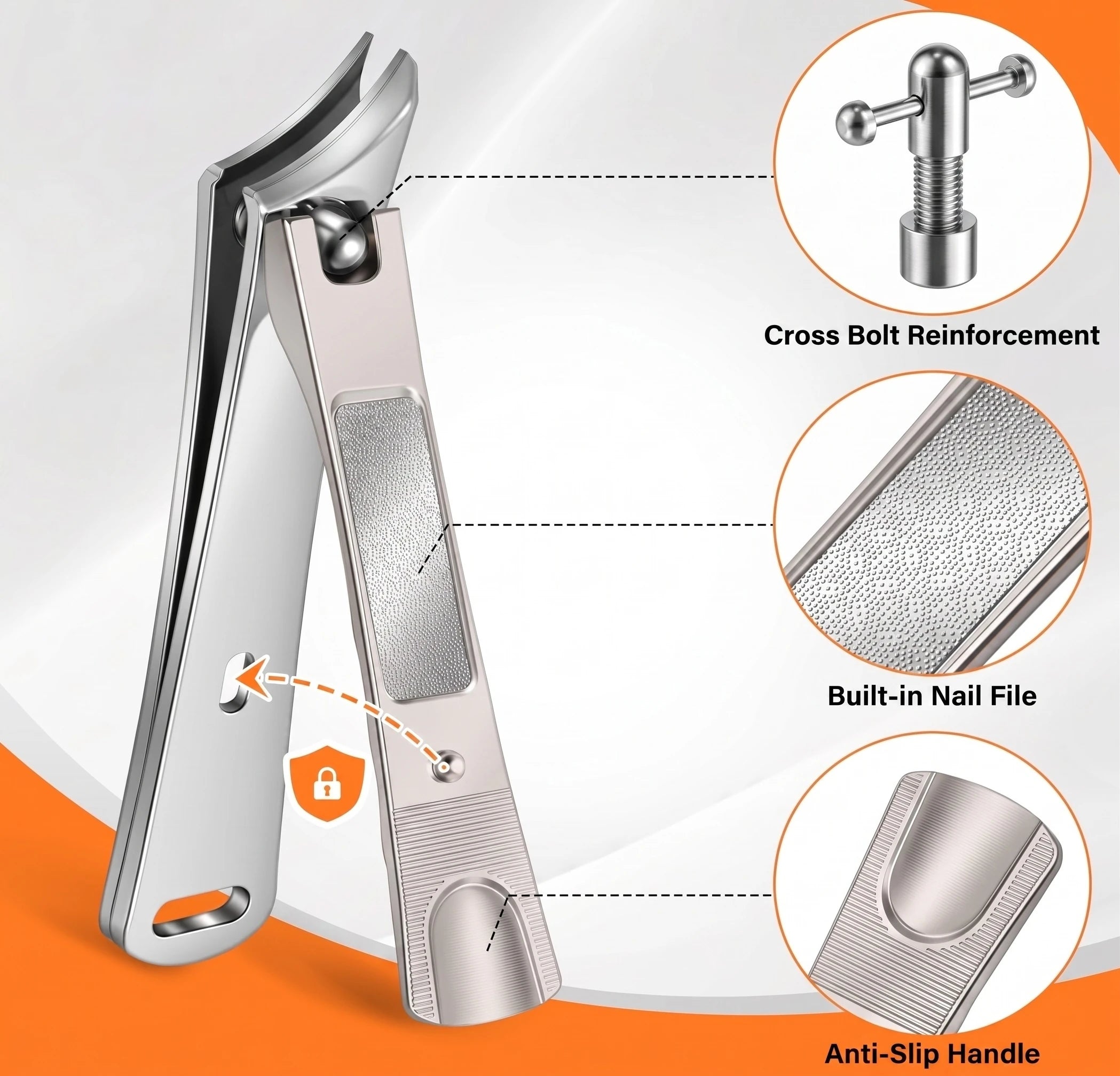 A premium product shot of the FULUNS German nail clippers from the DRMODE 6-piece set, highlighting three engineering features