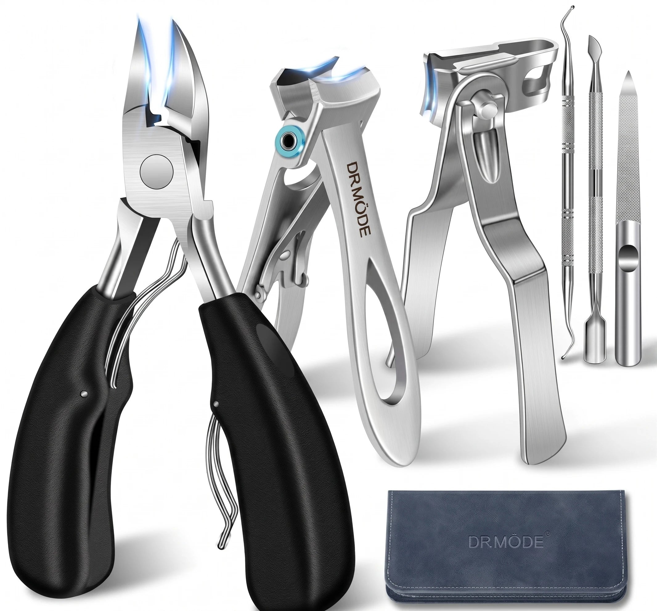 A premium hero shot of the DRMODE 6-piece professional toenail clippers set for thick nails, featuring four heavy-duty clippers and two precision grooming tools arranged around the signature navy-blue DRMODE travel case. Each clipper is drop-forged from surgical-grade stainless steel and engineered to handle thick, hard, fungal, and age-hardened nails with clean, controlled, splinter-free cuts — the complete professional-grade manicure and pedicure kit for men, seniors, and anyone with tough nails.
