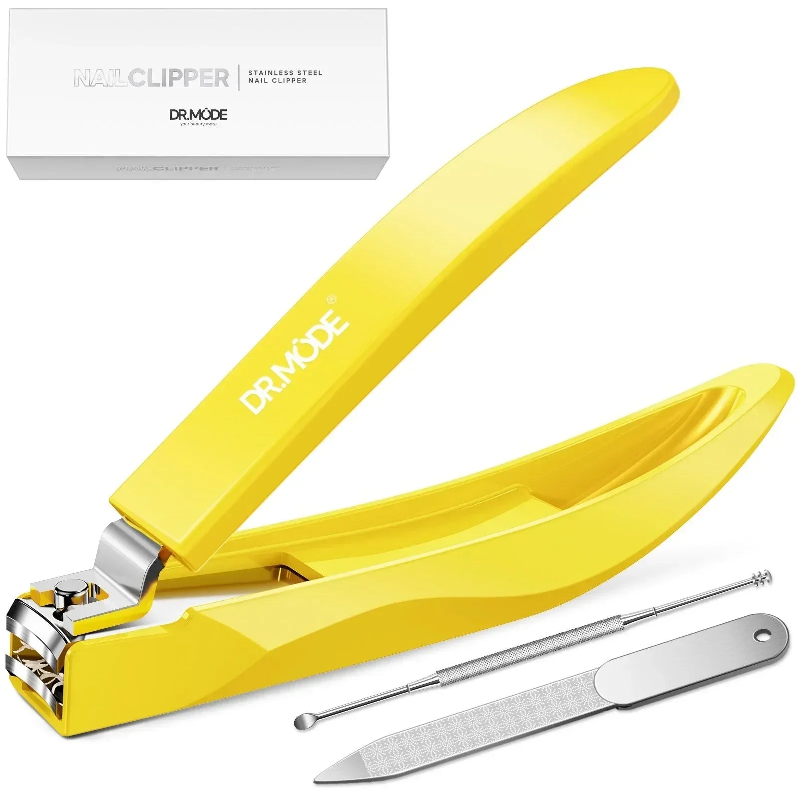 Yellow stainless steel nail clipper set with nail file and cuticle pusher, boxed packaging