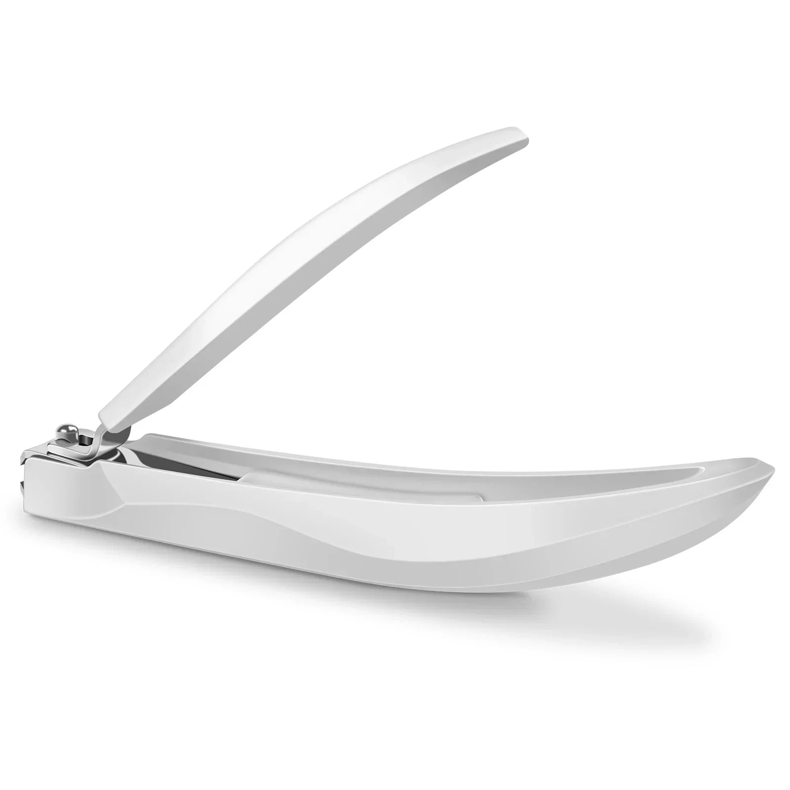 Modern stainless steel nail clipper with ergonomic curved handle on white background