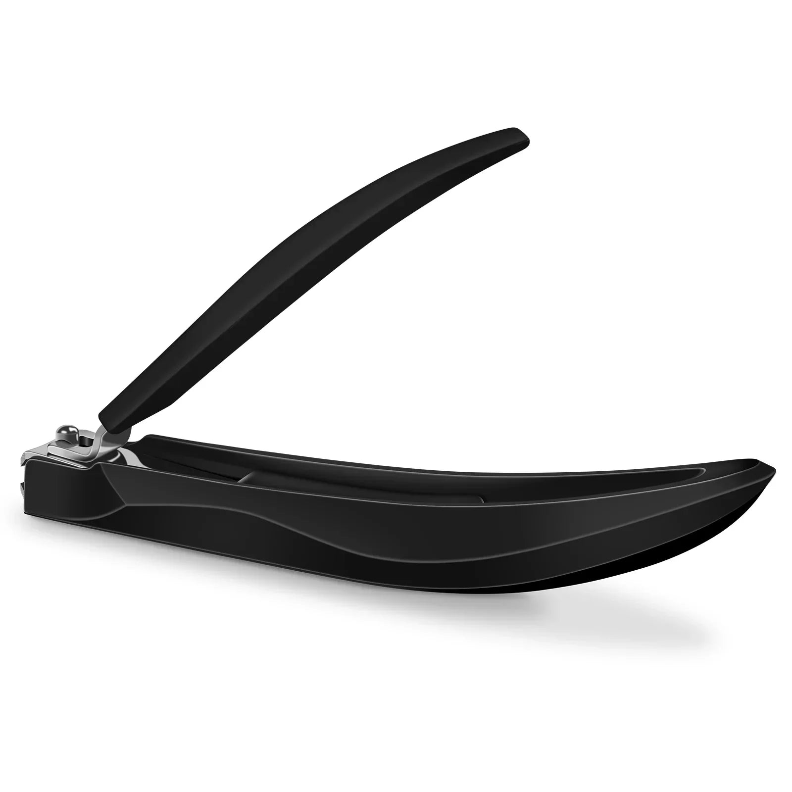 Modern black nail clipper with ergonomic handle on white background, grooming tool