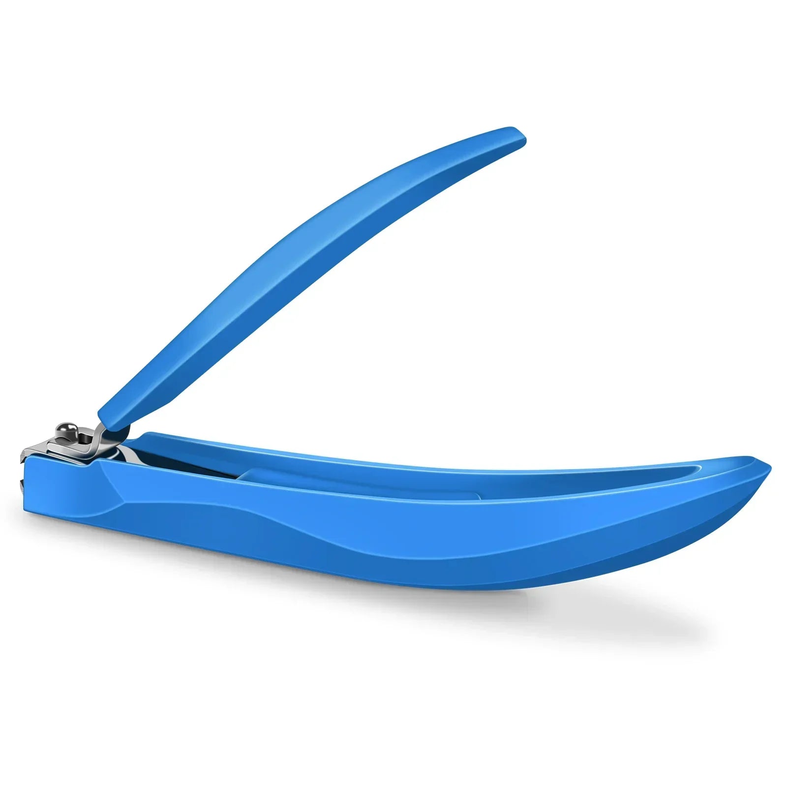Blue ergonomic nail clipper with curved handle on white background