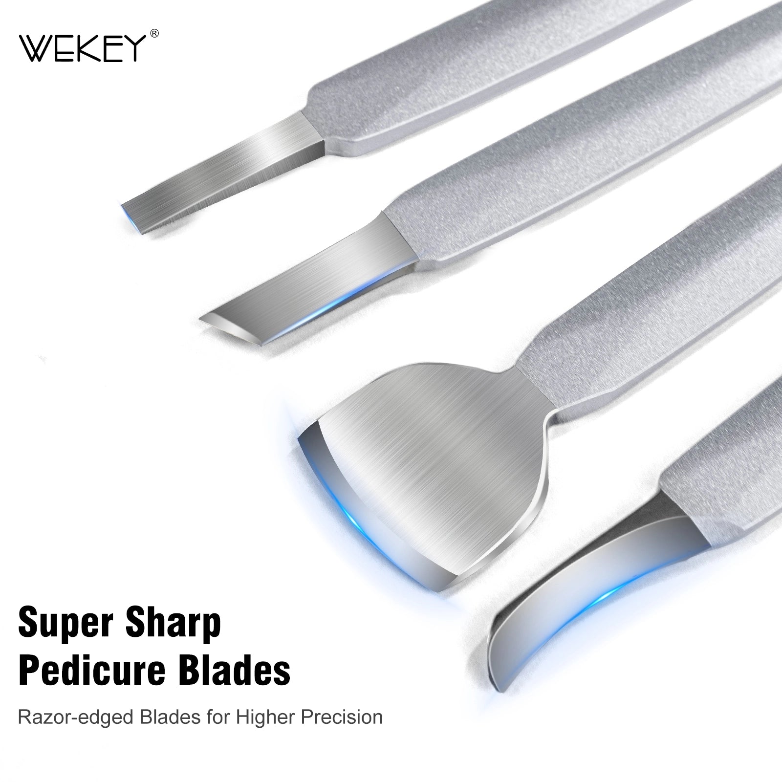 Stainless steel pedicure blades set with sharp, precision grooming tools on white background