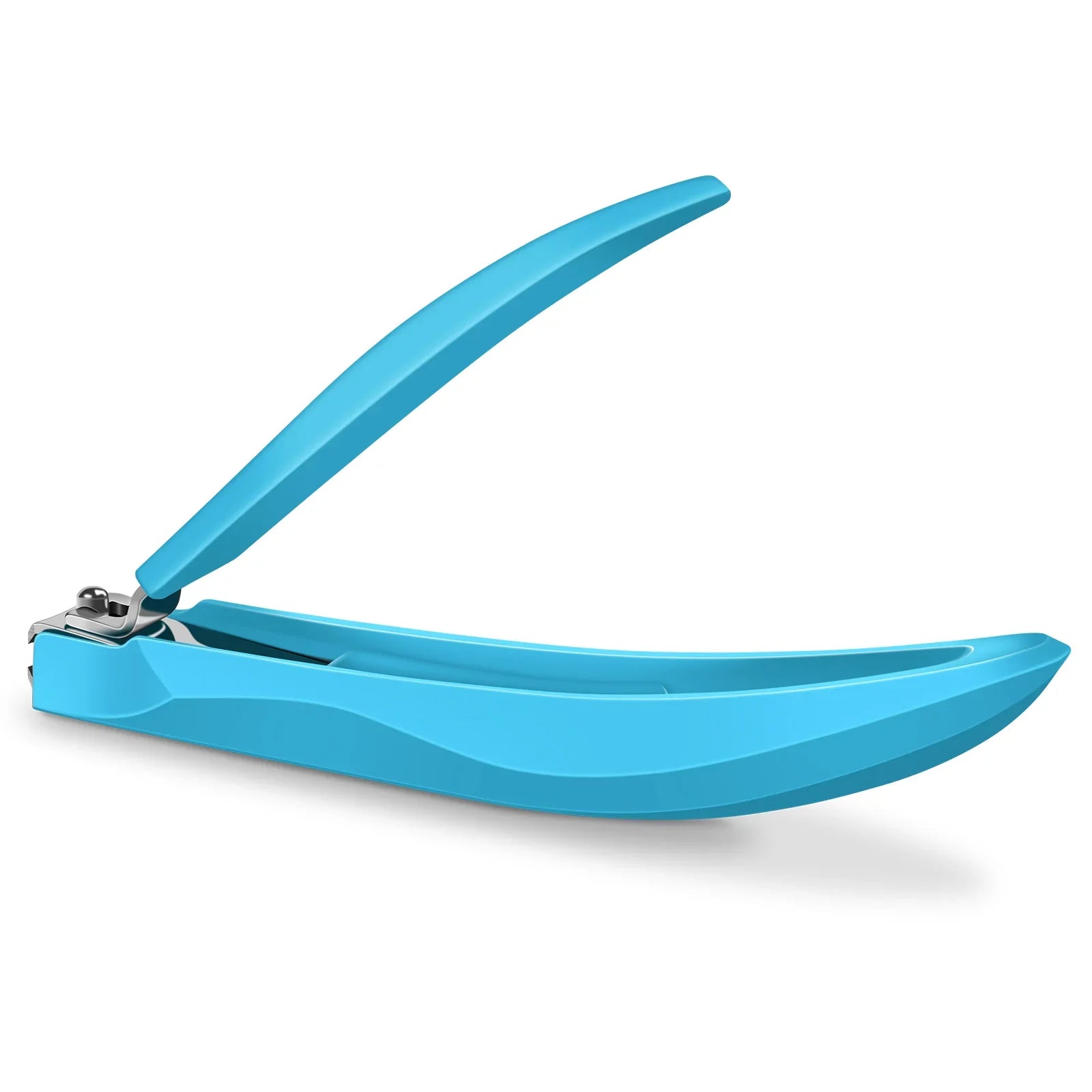 Blue ergonomic nail clipper with curved handle on white background
