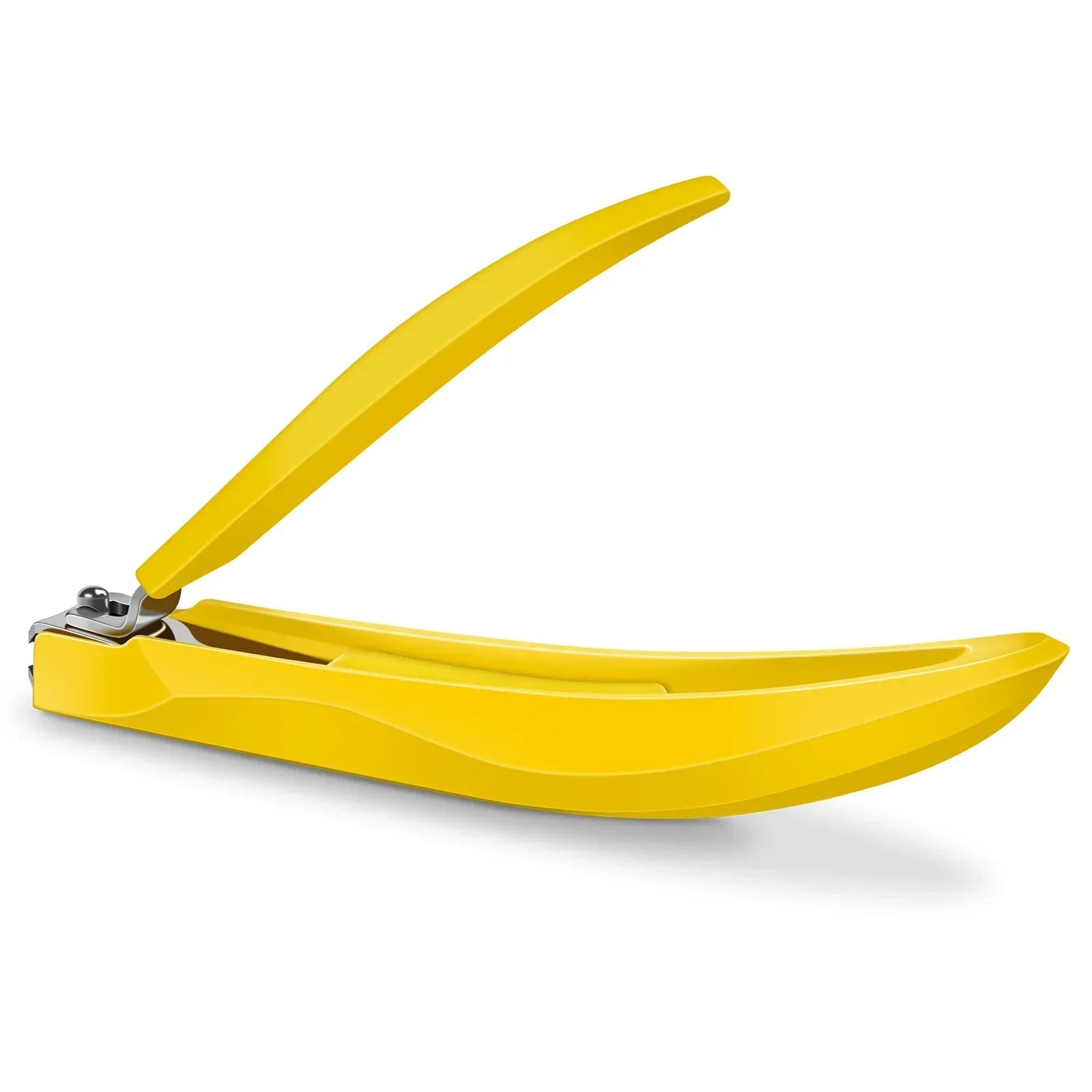 Yellow ergonomic nail clipper with stainless steel blade on white background