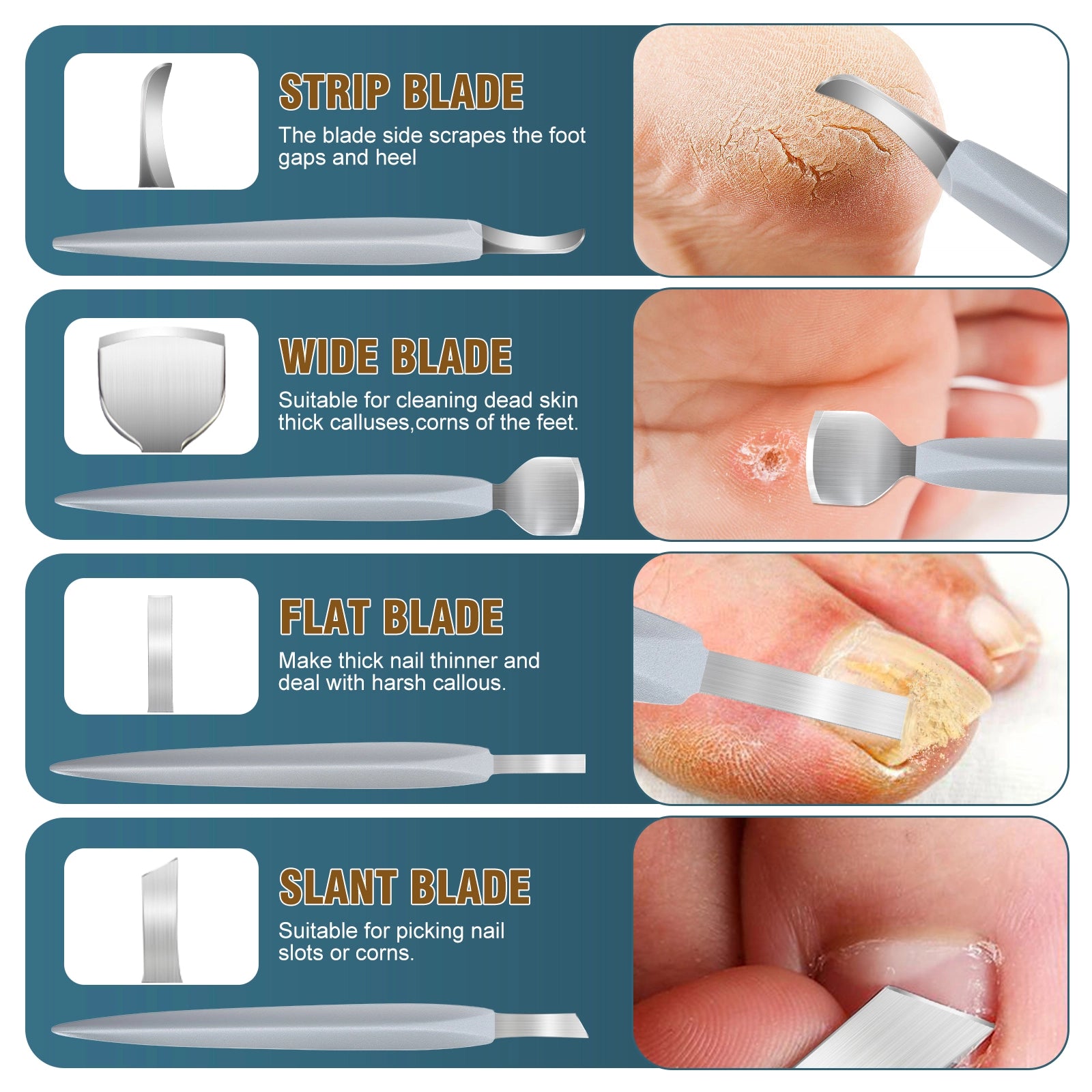 Multi-blade nail care tools for removing dead skin, calluses, and thick nails on feet.