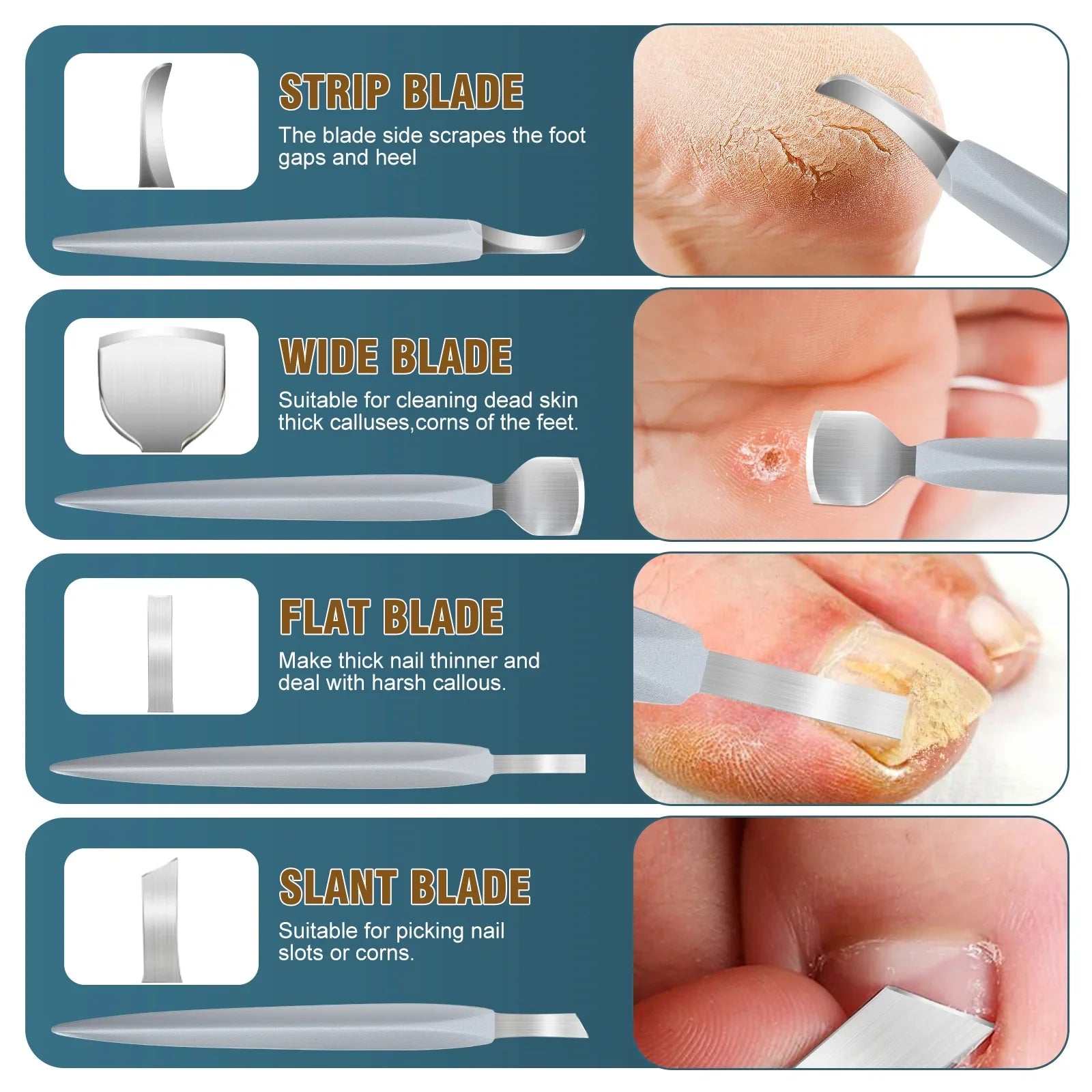 Four pedicure tools with strip, wide, flat, and slant blades for nail and callus care