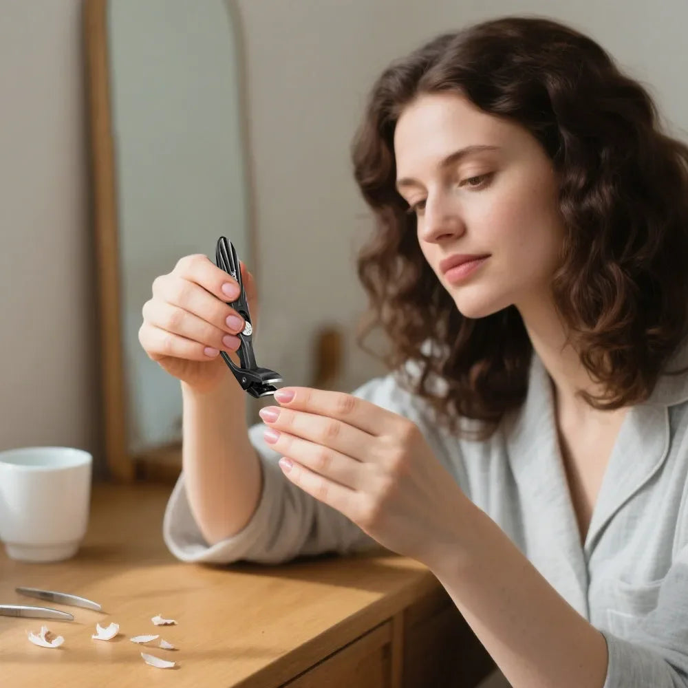 Woman using black nail clippers for manicure at a wooden vanity table
