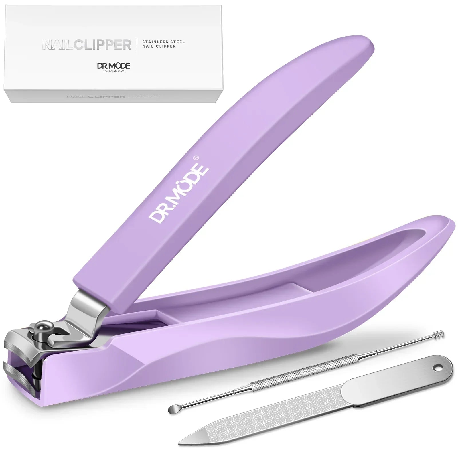 Lavender nail clippers set with nail file and cuticle pusher on white background