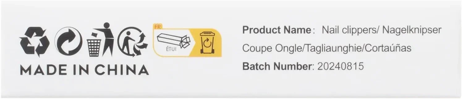 Nail clipper product label with recycling symbols, batch number, and multilingual text on white background.
