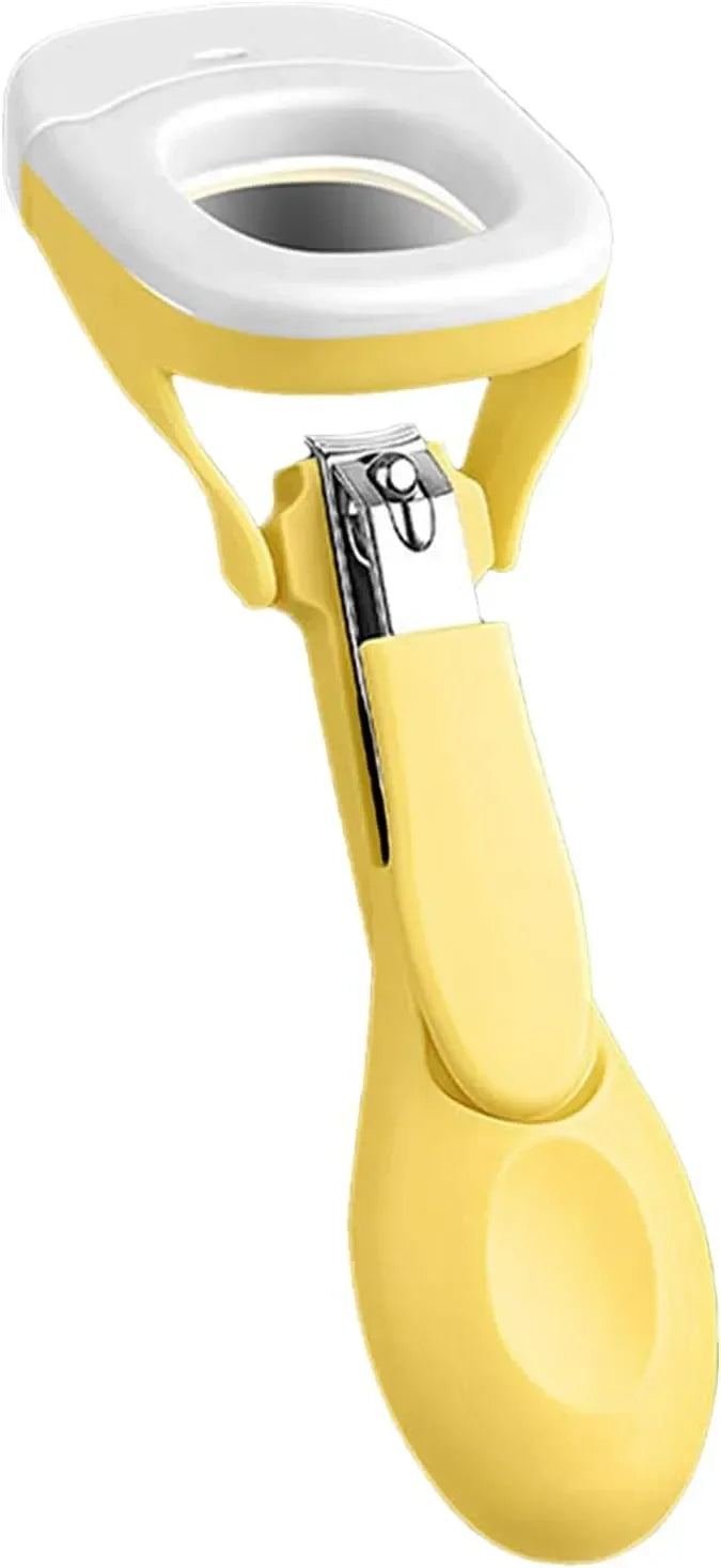 Yellow ergonomic nail clipper with a white protective cover on a white background