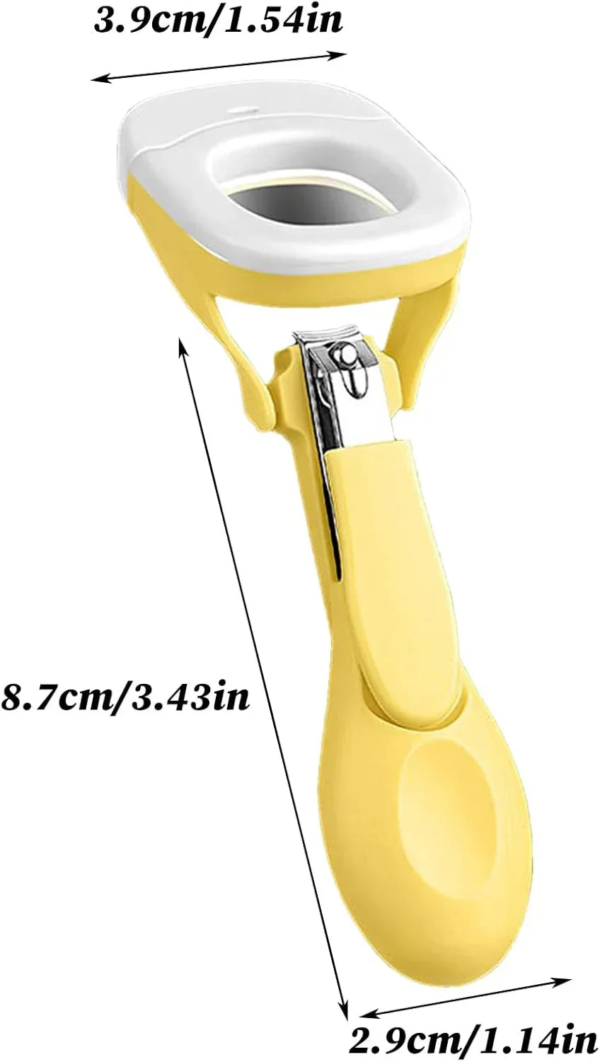 Yellow ergonomic nail clipper with safety guard and size dimensions labeled