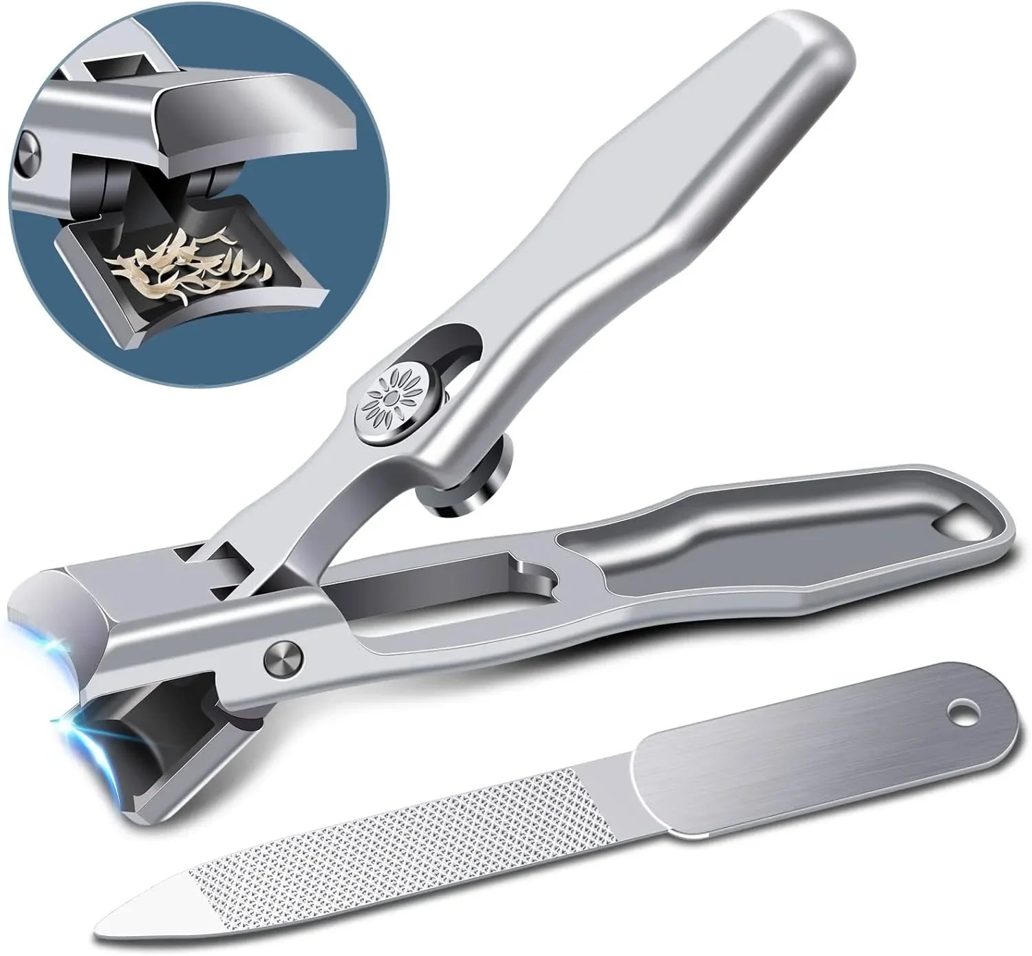 Stainless steel nail clippers with LED light, nail catcher tray, and metal nail file.