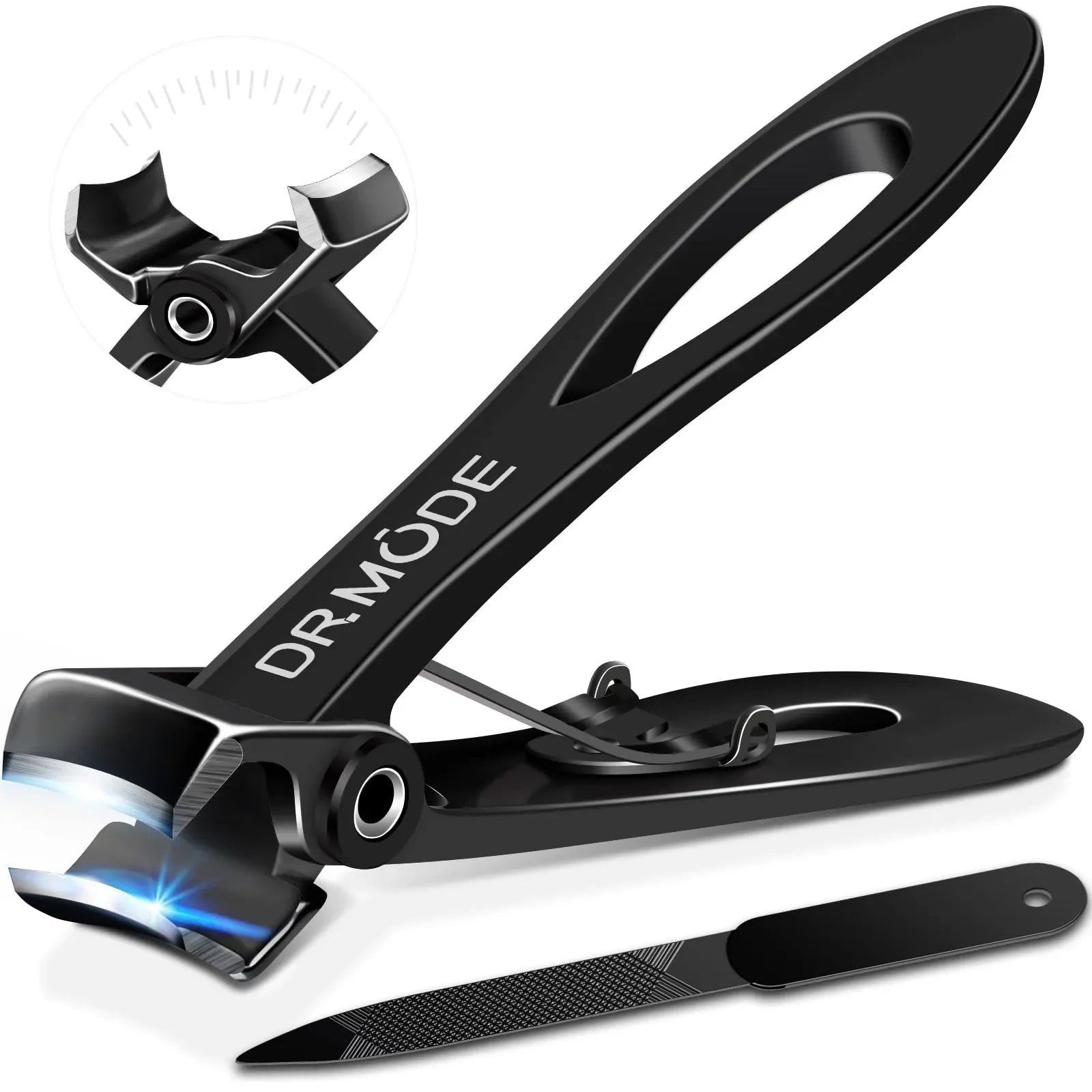 Black stainless steel nail clipper with precision blade and included metal nail file
