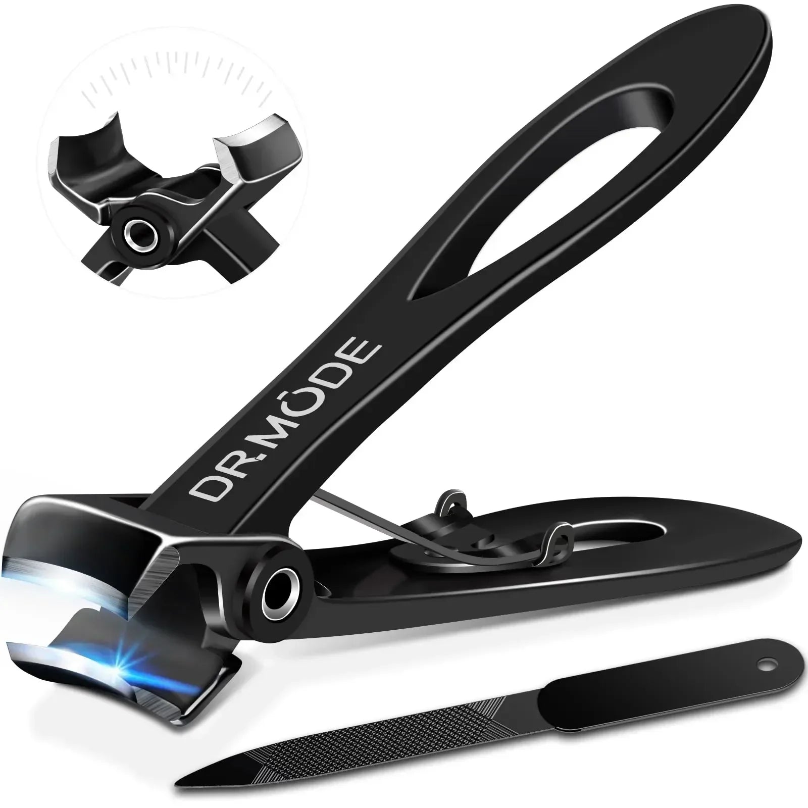 Black stainless steel nail clipper with precision blade and included metal nail file