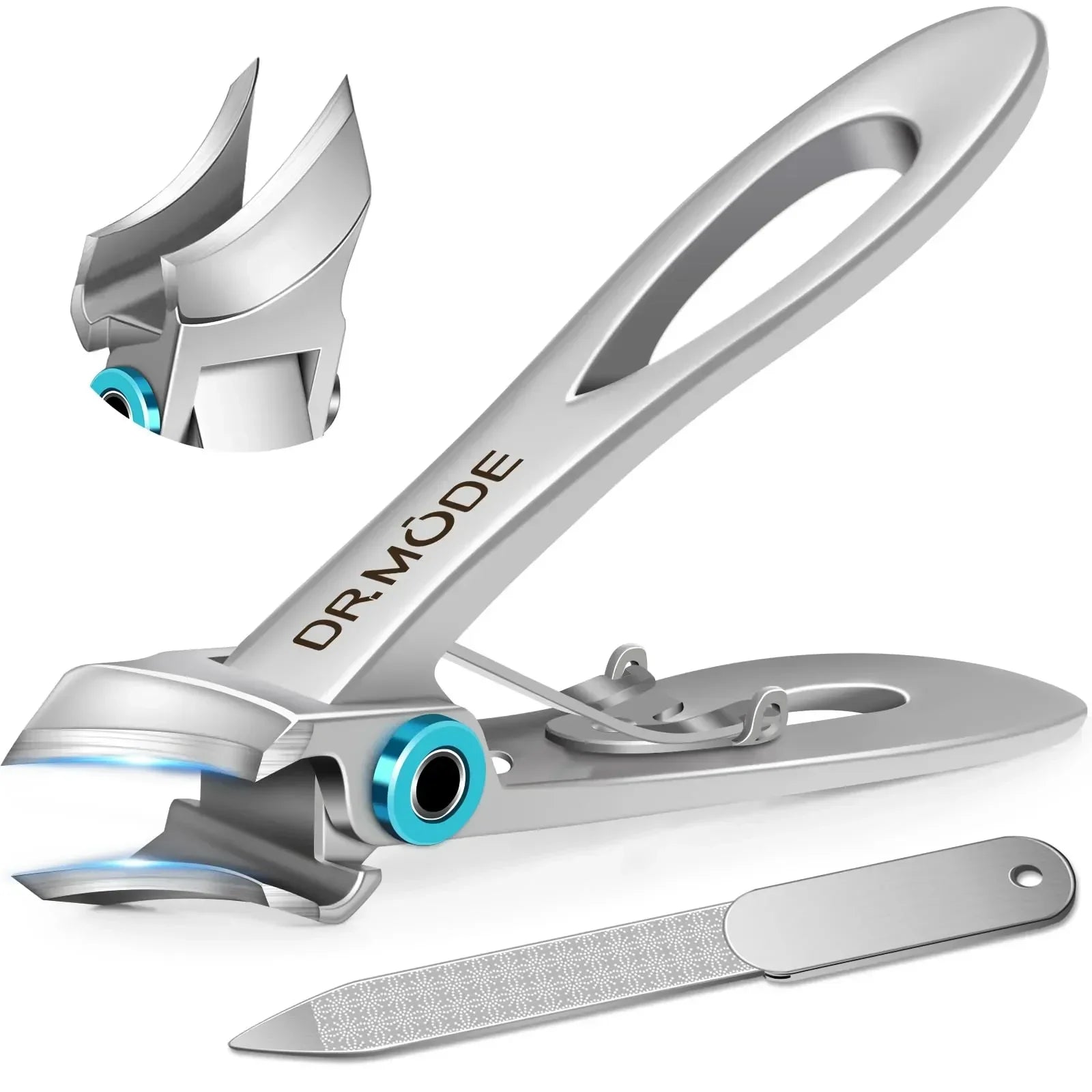 Stainless steel nail clippers with ergonomic handle and nail file, close-up jaw inset.