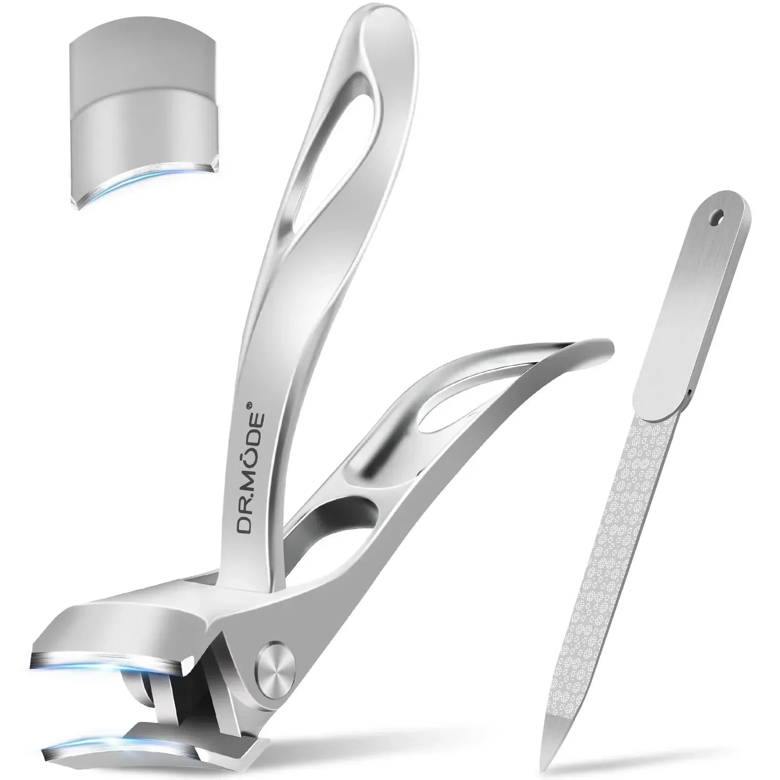 Stainless steel nail clippers with textured nail file and protective cap, modern ergonomic design.