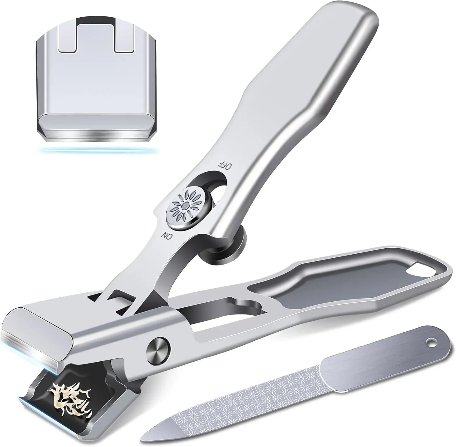 Stainless steel nail clippers with built-in nail catcher, nail file, and detachable blade