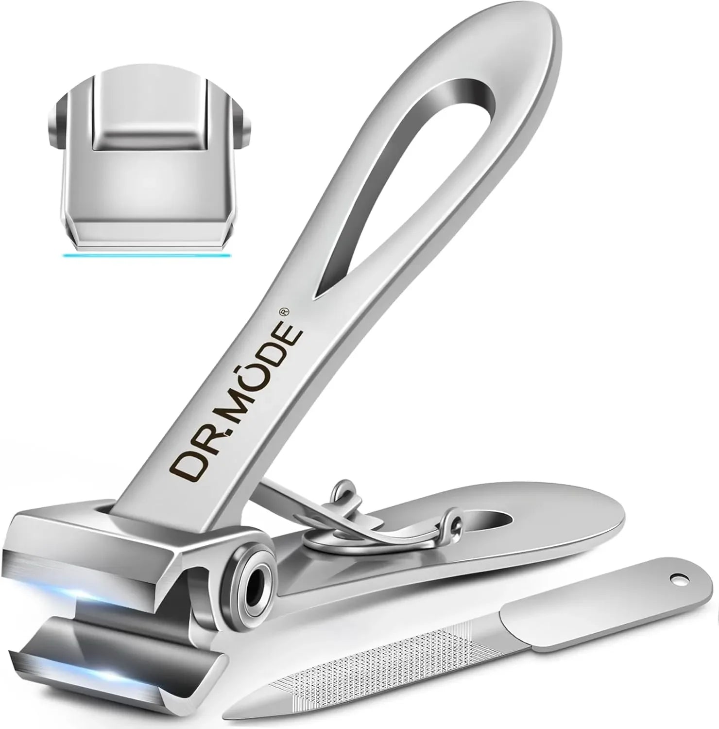 Stainless steel nail clipper set with built-in file and sharp cutting edges, close-up view.