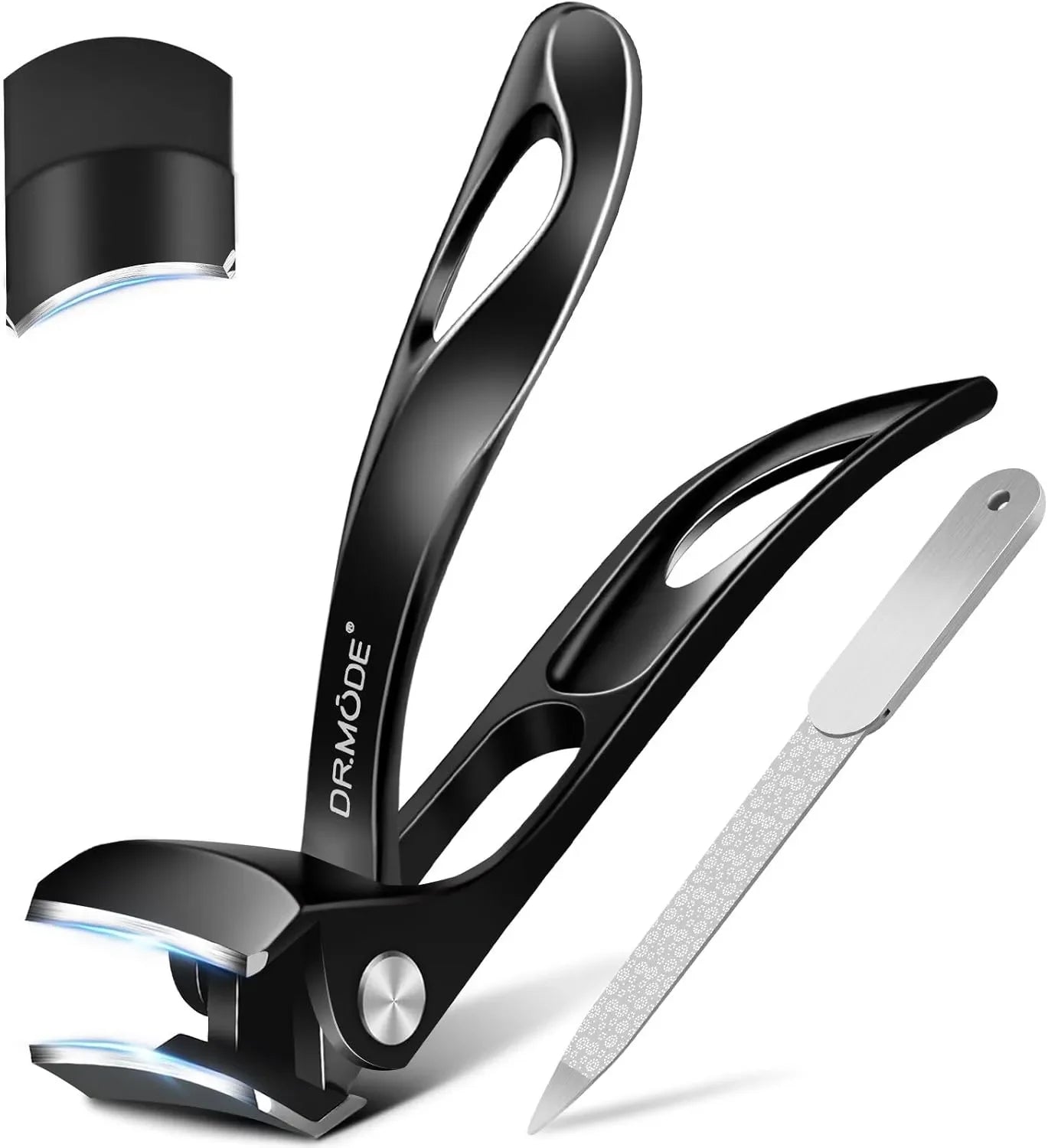 Black nail clippers with ergonomic handle, nail file, and protective cap on white background