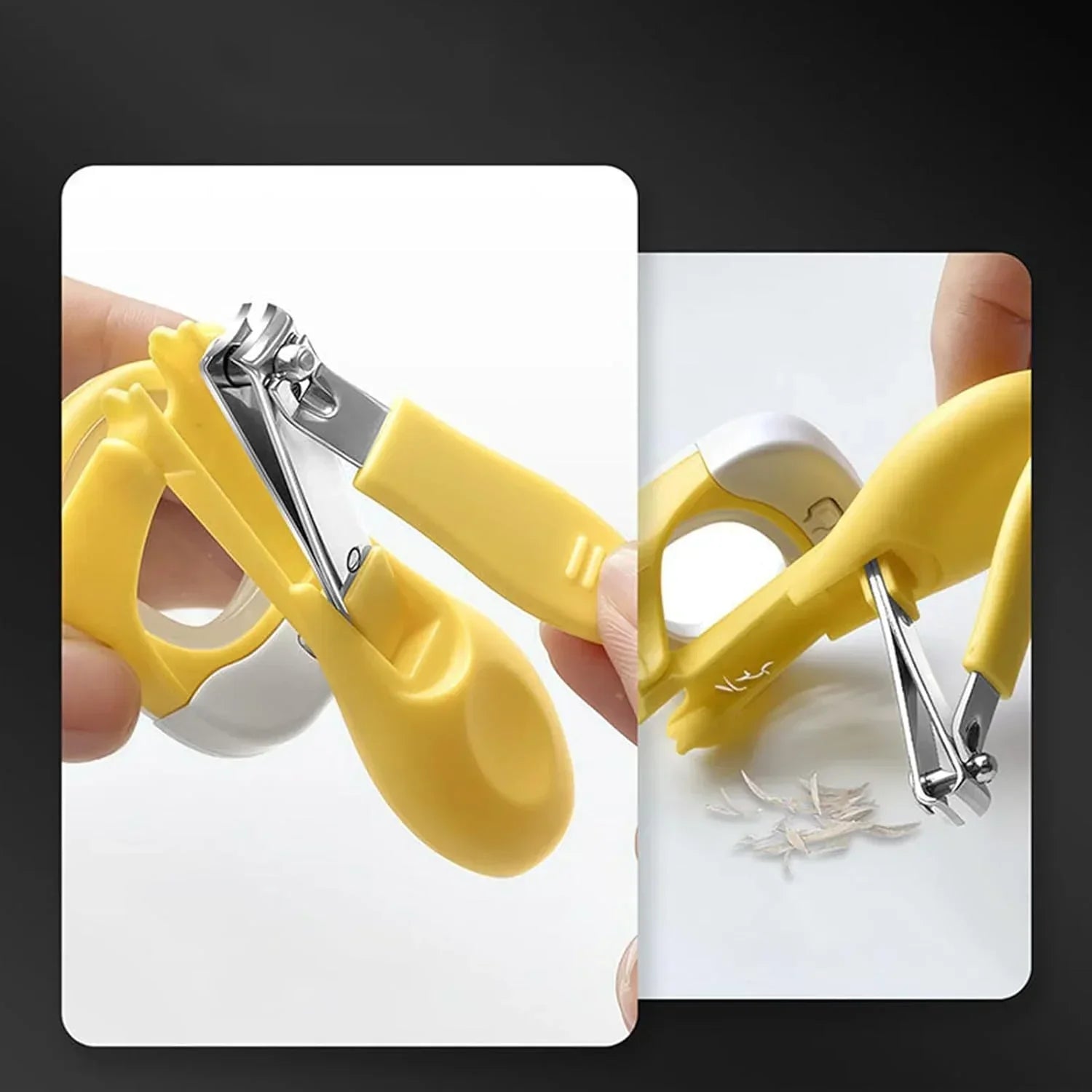Yellow ergonomic nail clippers with catcher and stainless steel blades in use