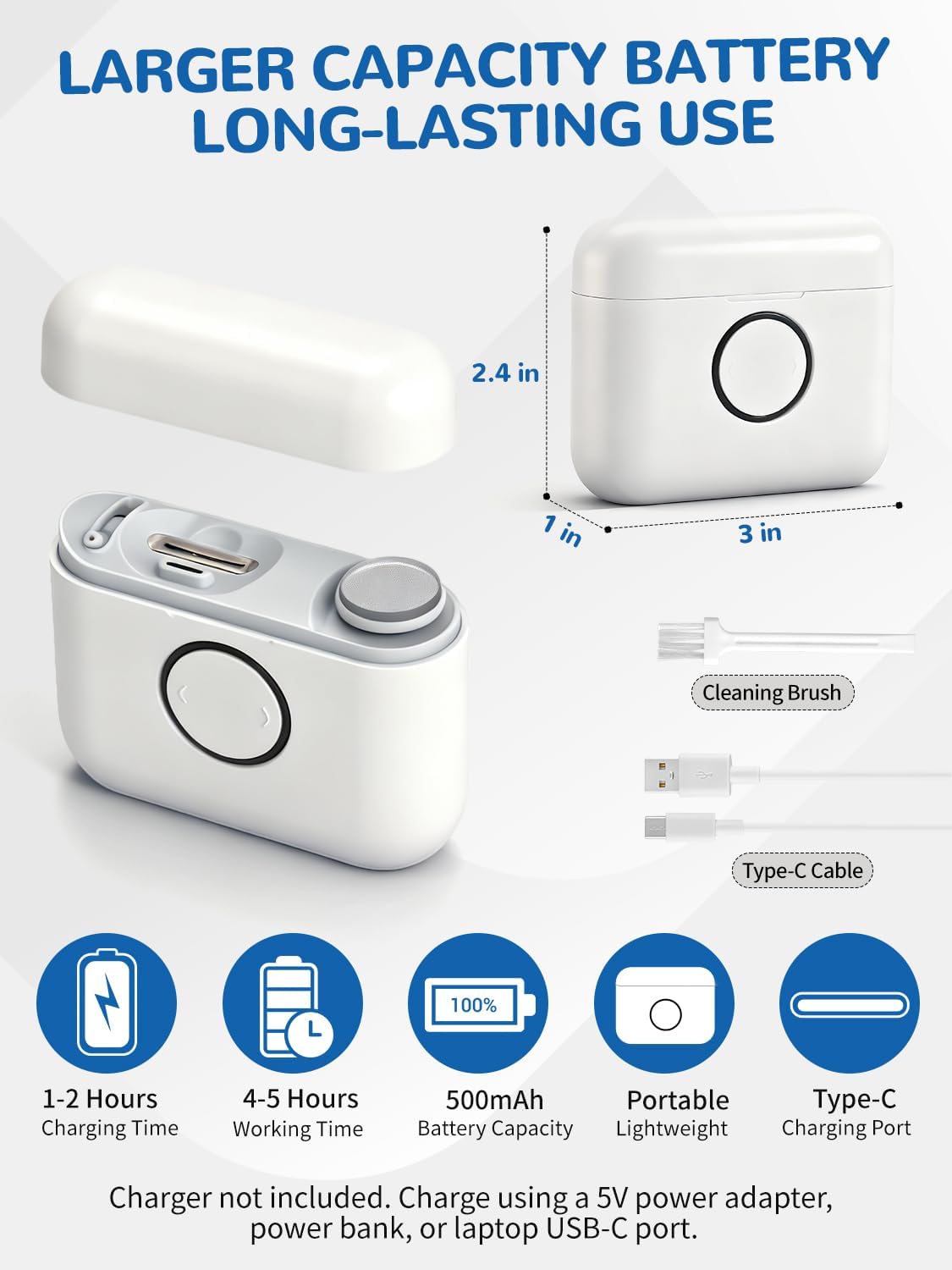 Electric nail clipper with case, USB-C charging cable, cleaning brush, and battery details