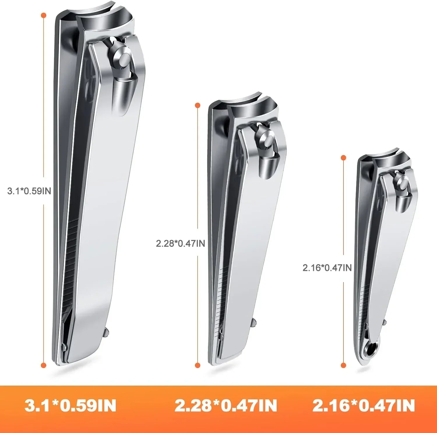 Three stainless steel nail clippers in different sizes with measurements displayed.
