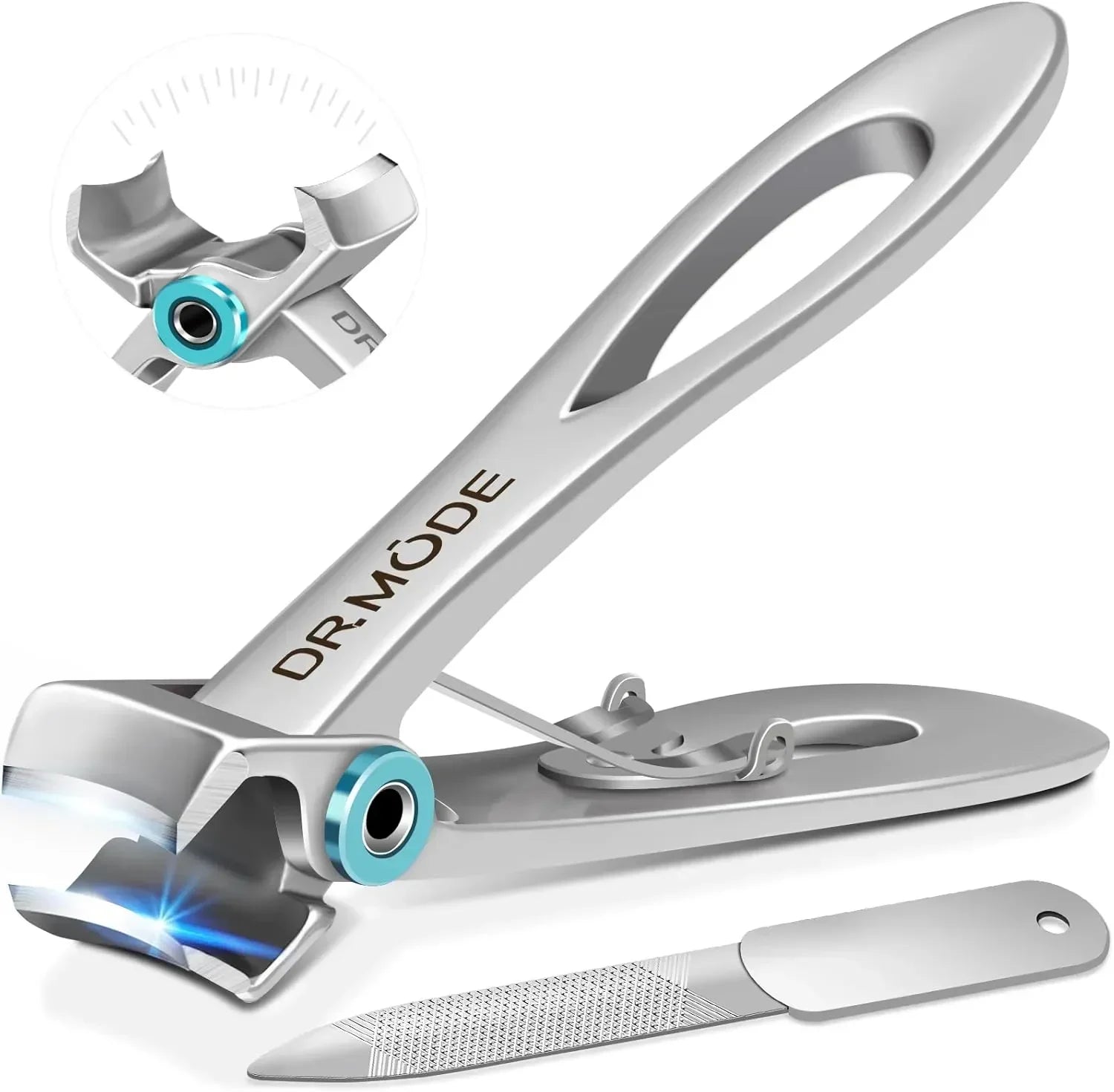 Stainless steel nail clipper with ergonomic handle and nail file, close-up view
