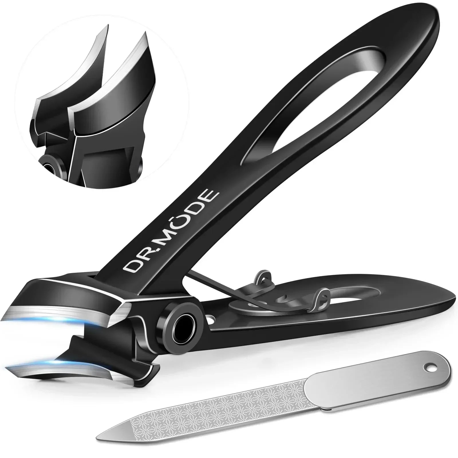 Black ergonomic nail clipper with curved blades and included metal nail file