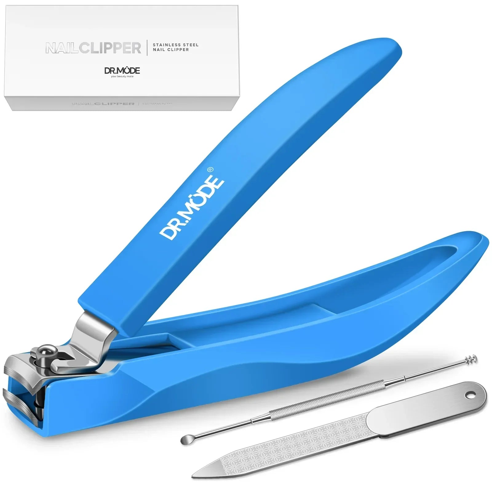 Blue stainless steel nail clipper set with file and cuticle pusher on white background