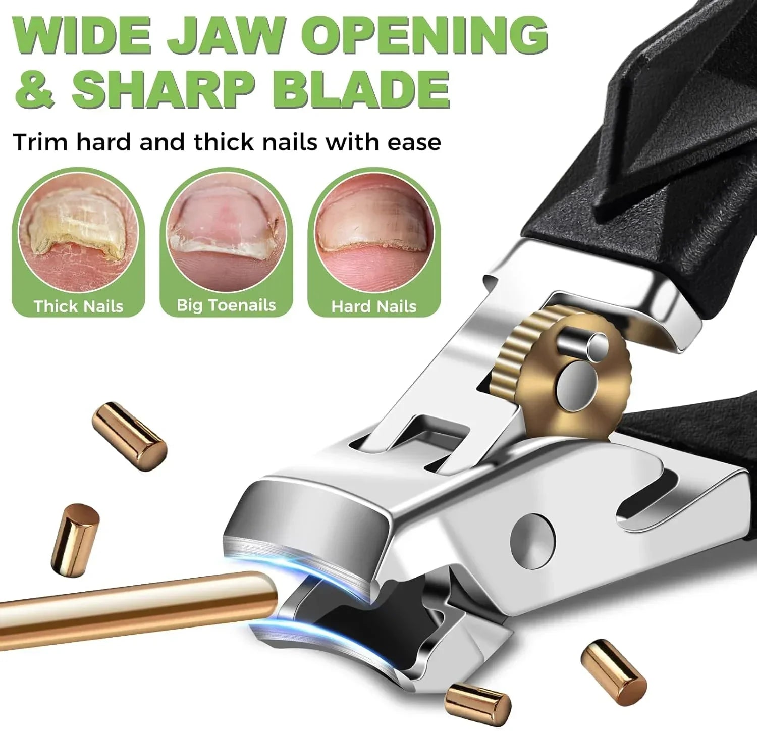 Stainless steel nail clipper with wide jaw, trimming thick, hard nails and big toenails.