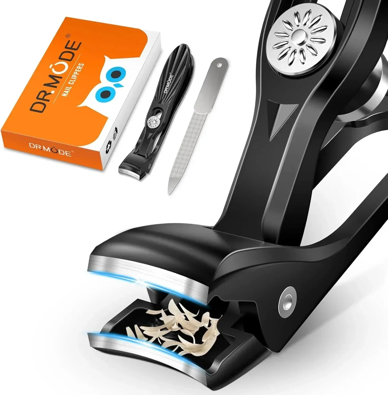 Black nail clippers set with nail file, catcher for nail trimmings, and storage box