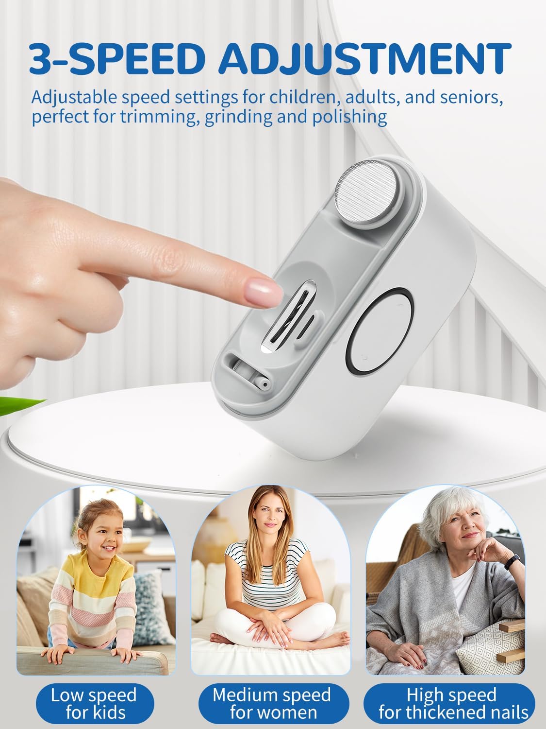 Electric nail clipper with 3-speed adjustment for kids, women, and seniors, shown in use.