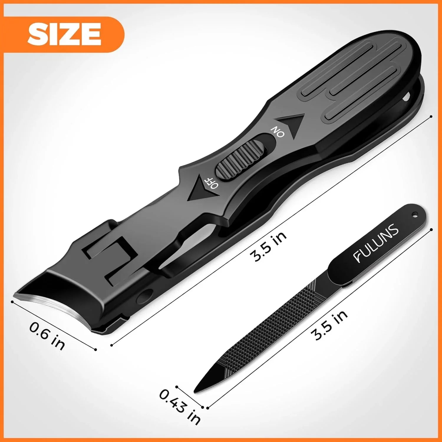 Black nail clippers with on-off switch and nail file, product size dimensions shown.