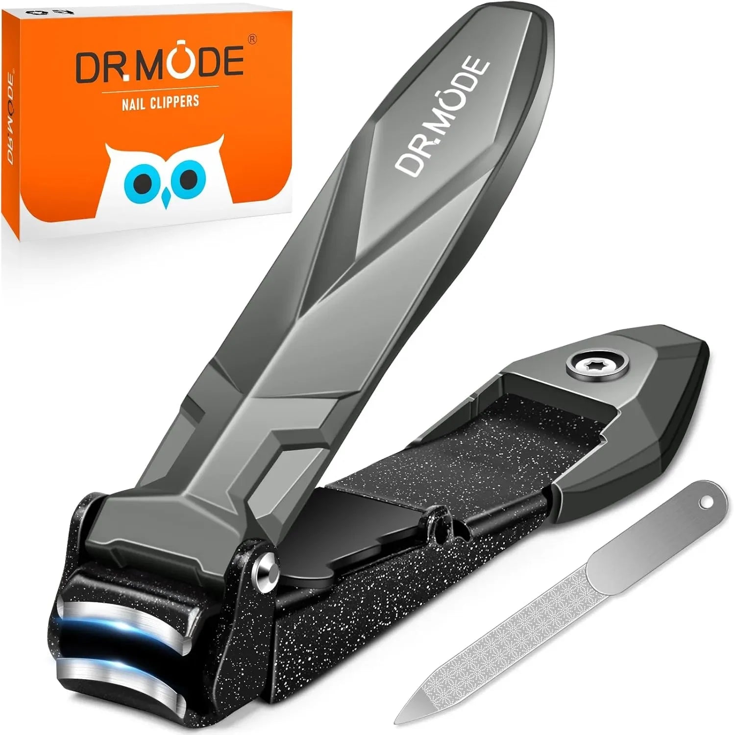 Stainless steel nail clippers set with ergonomic handle and nail file, orange box in background