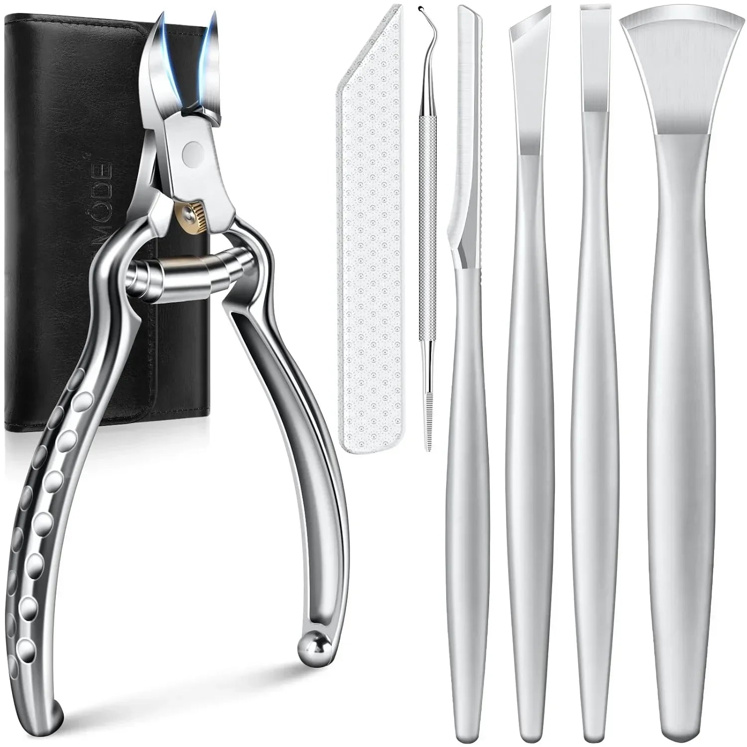 Stainless steel nail clippers set with cuticle tools and a black carrying case