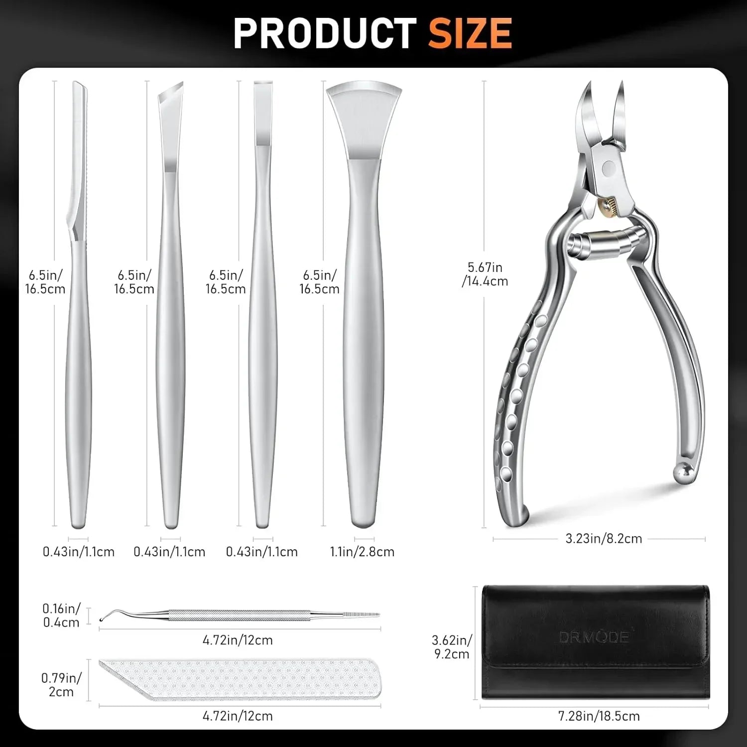 Professional stainless steel nail clipper set with cuticle tools, file, and storage case