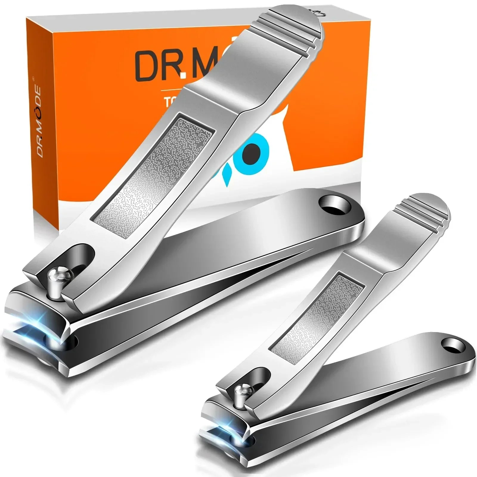 Stainless steel nail clippers set with ergonomic design and orange packaging.