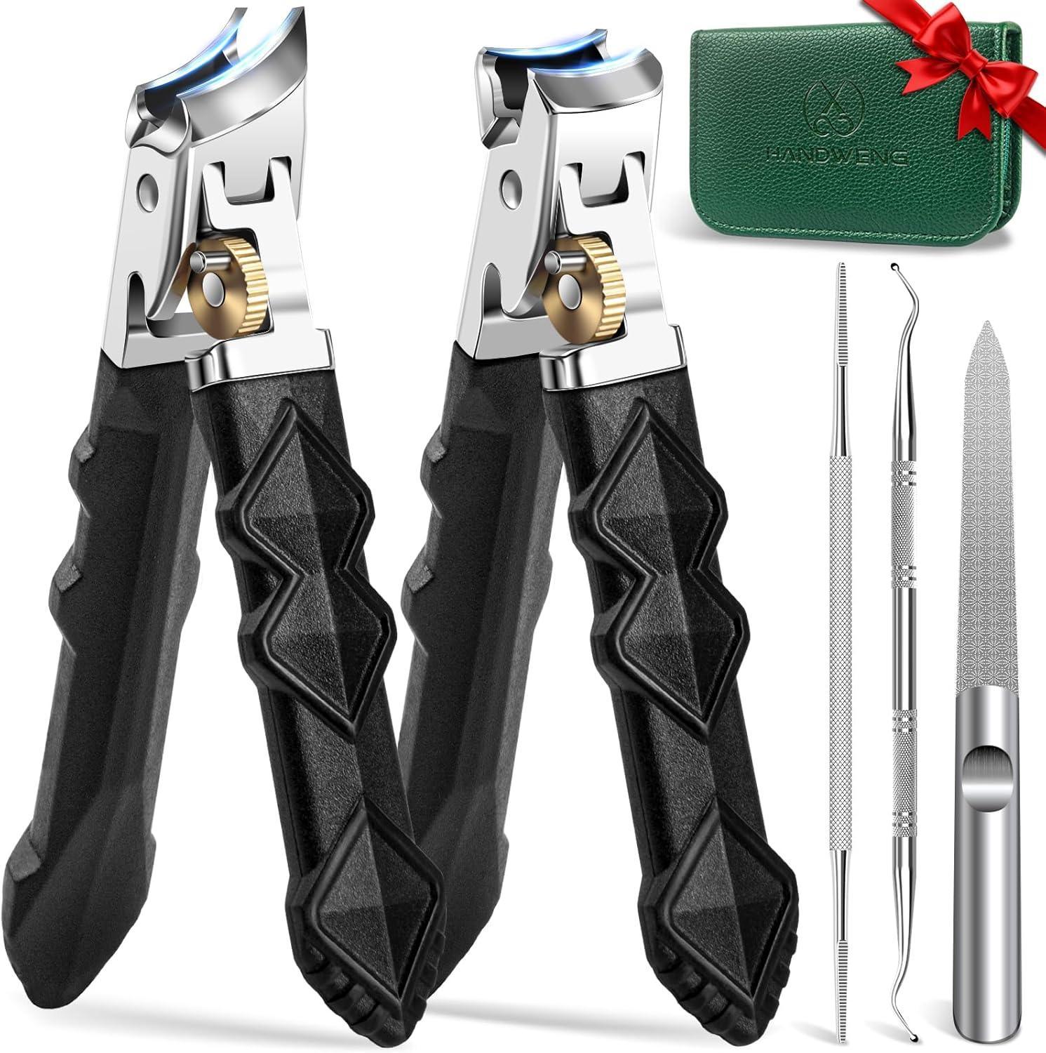 Professional nail clippers set with black ergonomic handles, nail tools, and green case
