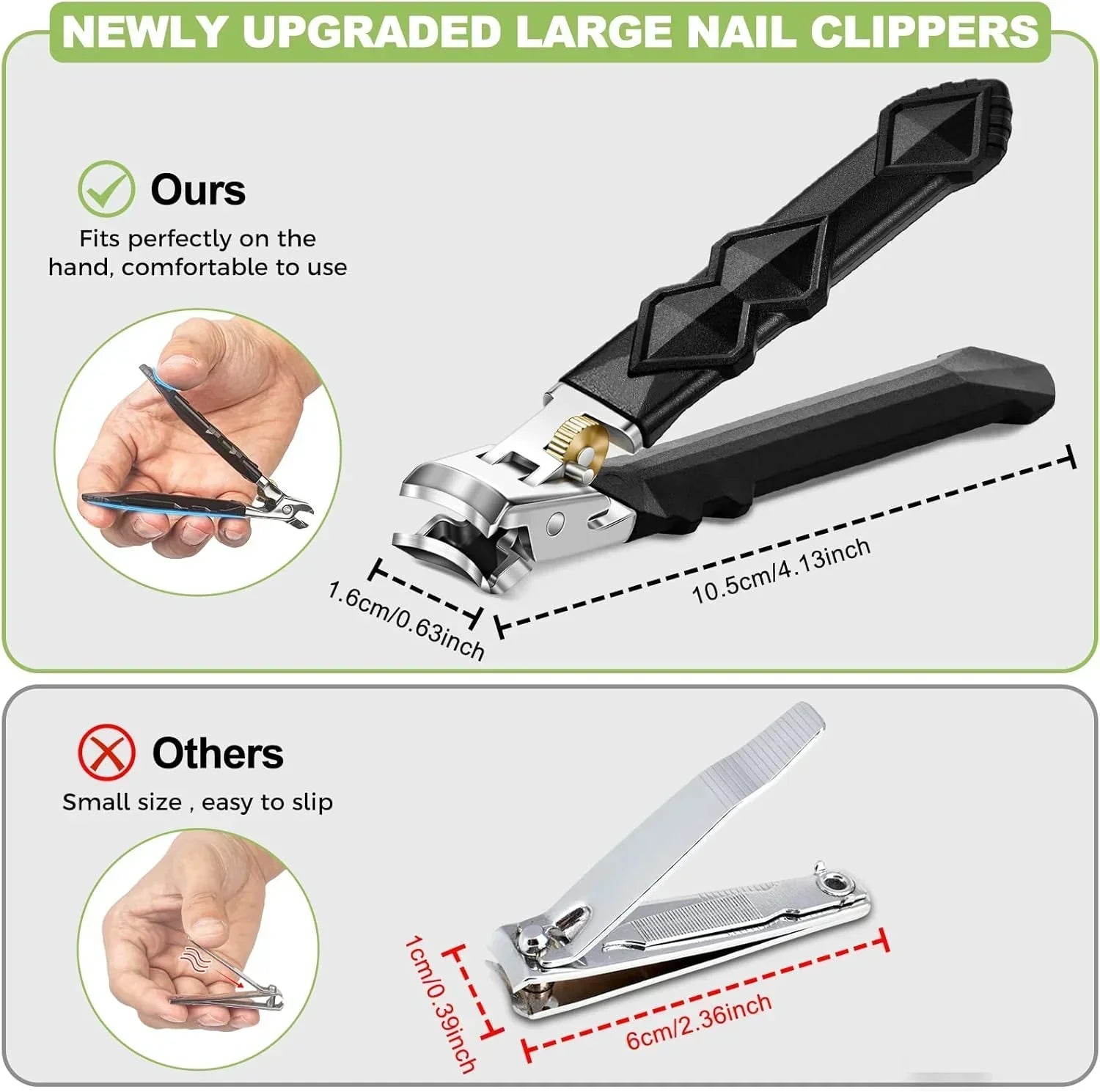 Comparison of large ergonomic nail clippers with non-slip grip versus small standard nail clippers