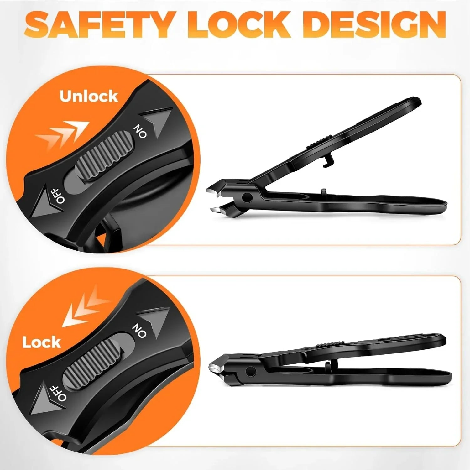 Black nail clippers with safety lock design and close-up of lock mechanism illustrated.