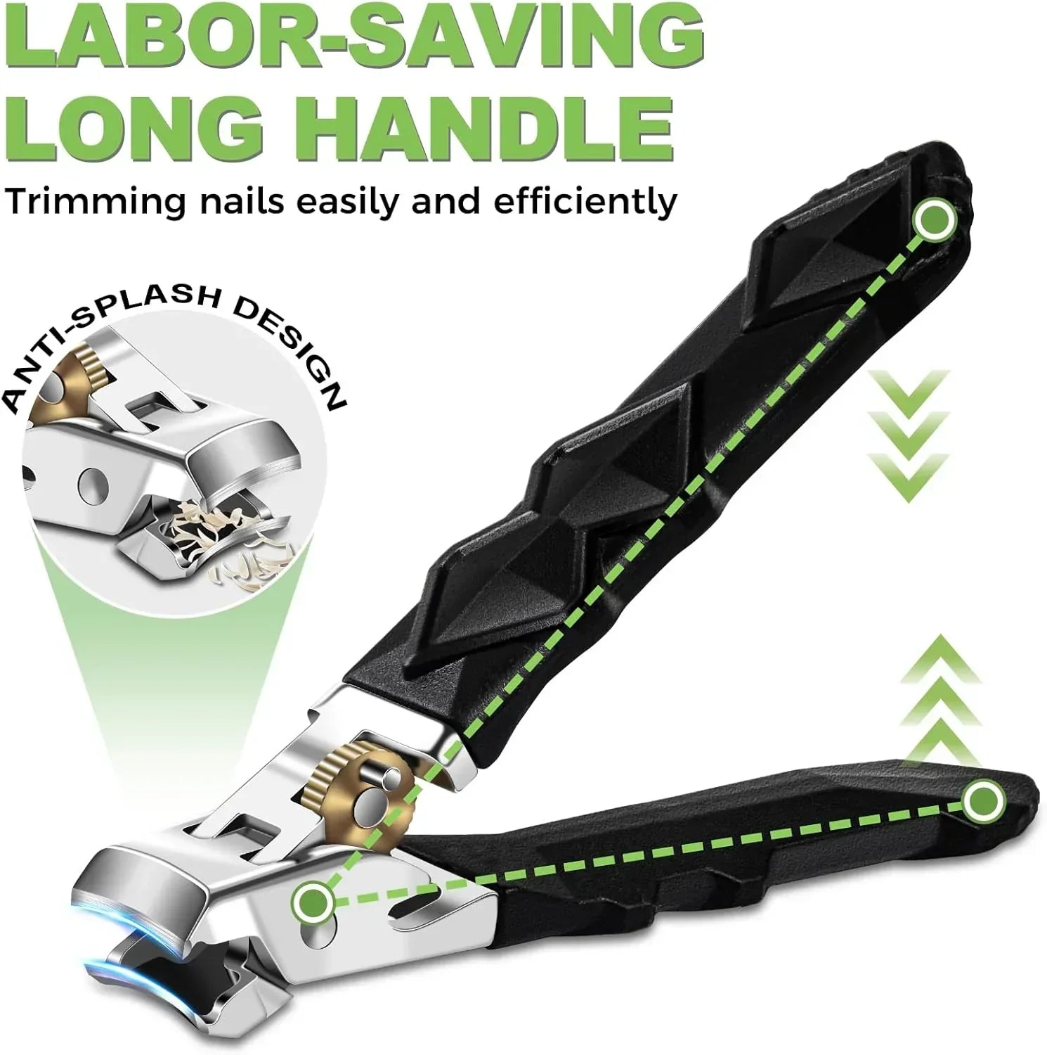 Long handle nail clipper with anti-splash design, black grip, easy trimming feature.