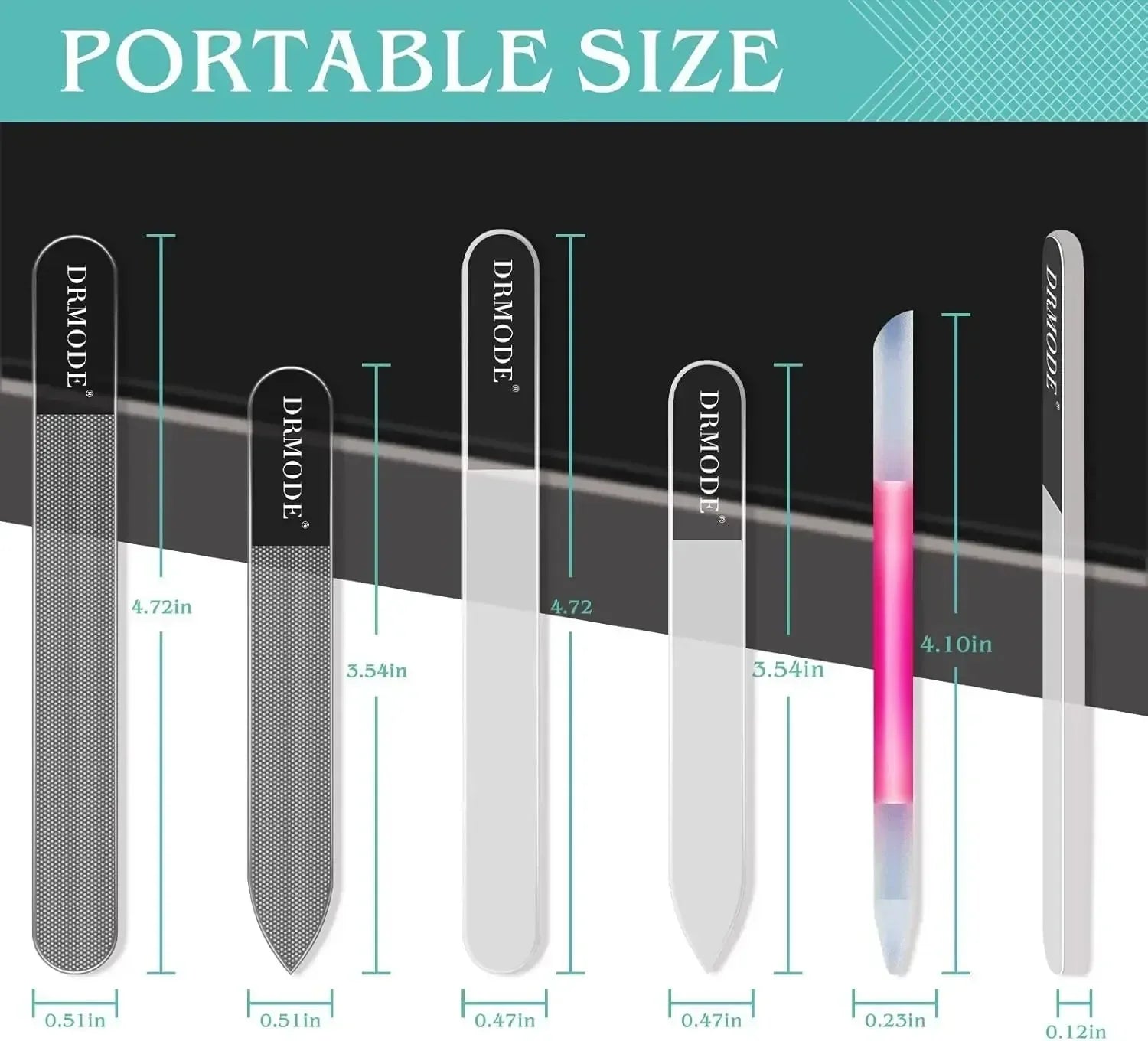 Portable size glass nail files in various shapes and measurements for manicure care.