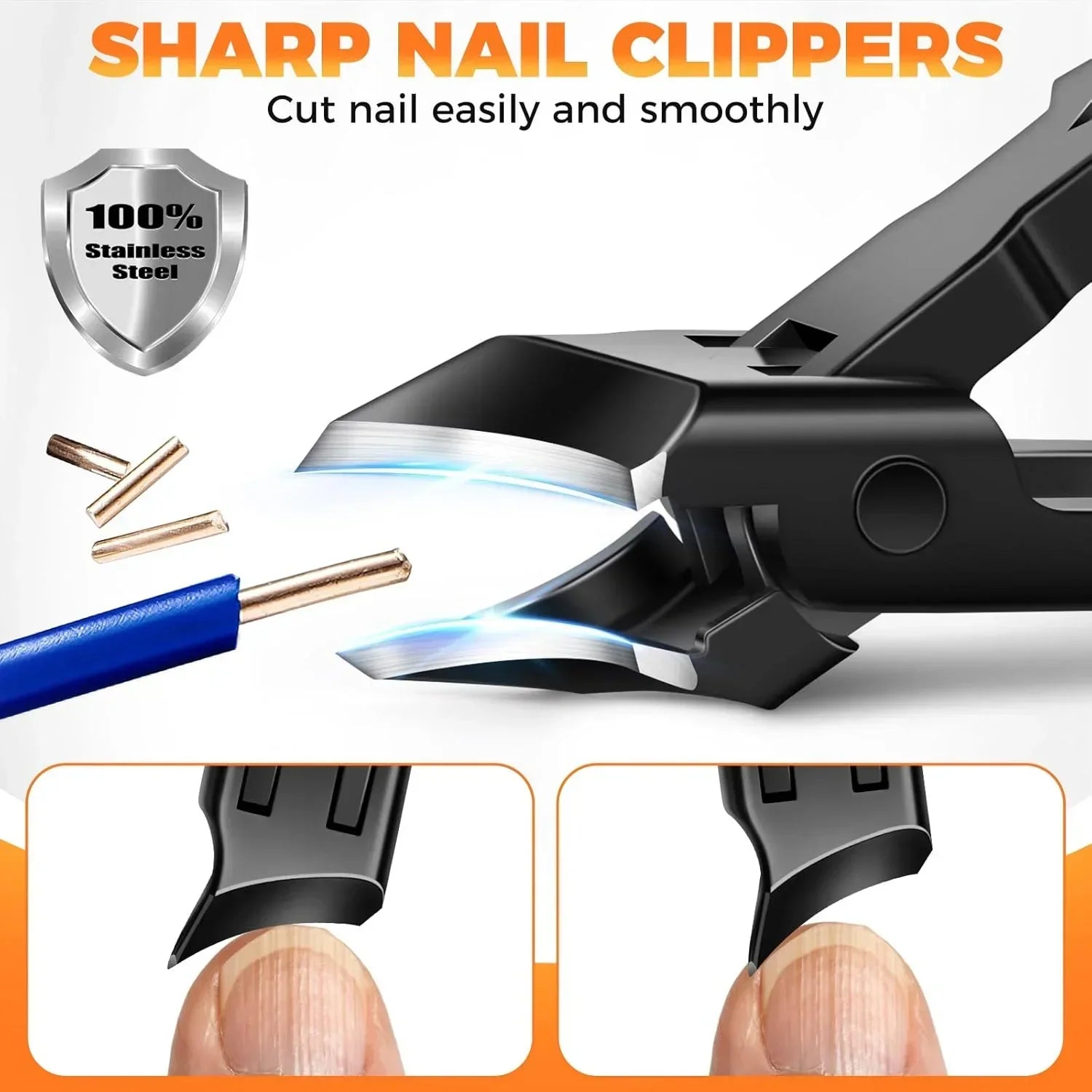 Stainless steel sharp nail clippers cutting nail and wire, close-up with detailed edges.