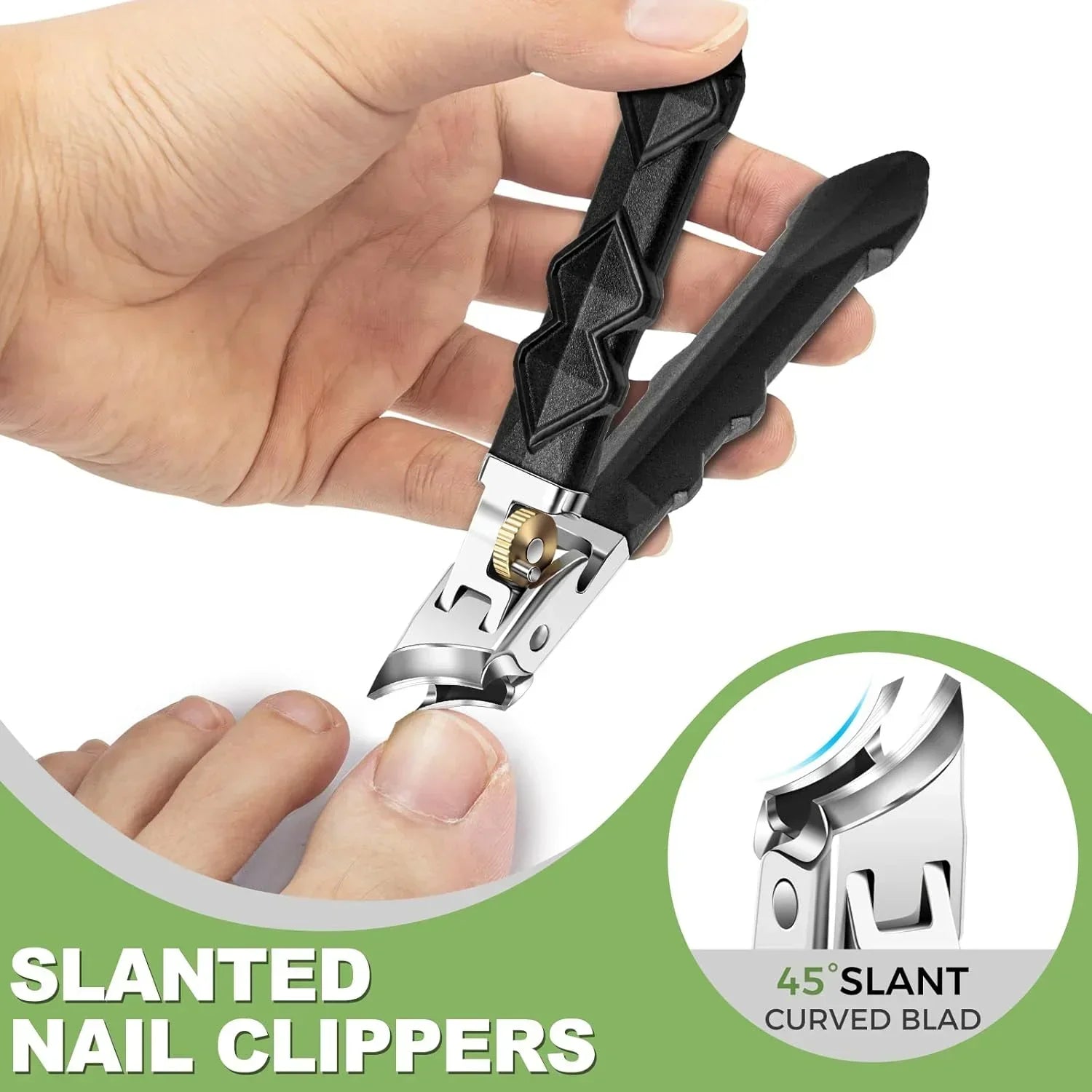 Hand using slanted nail clippers with 45-degree curved blade to trim toenail