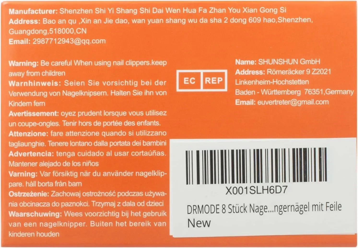 Orange DRMODE nail clippers packaging with multi-language safety warnings and barcode