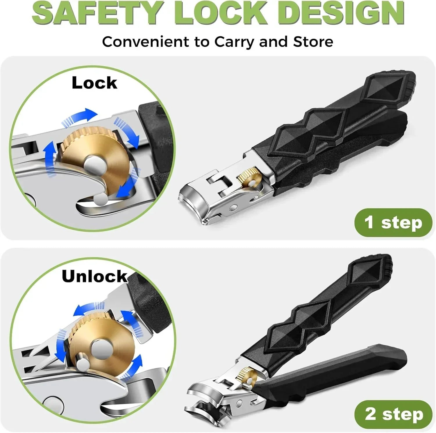 Nail clippers with safety lock design, black handles, and step-by-step lock and unlock guide.