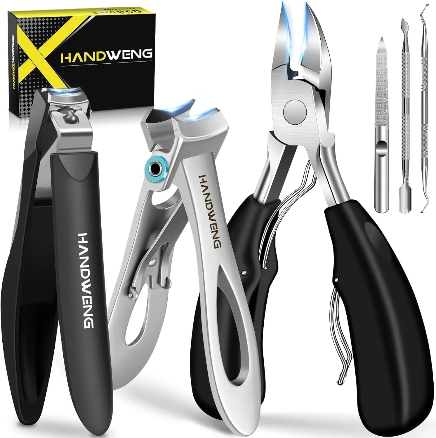 Nail clippers set with ergonomic handles, nail file, cuticle tools, and black storage box