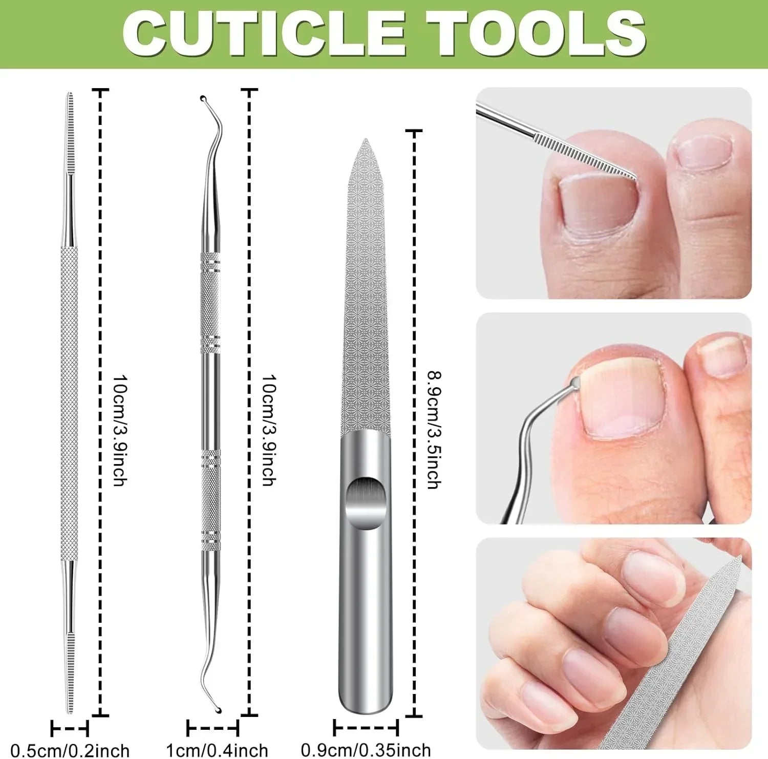 Stainless steel cuticle tools set with nail file, cleaner, and pusher for manicure and pedicure care.